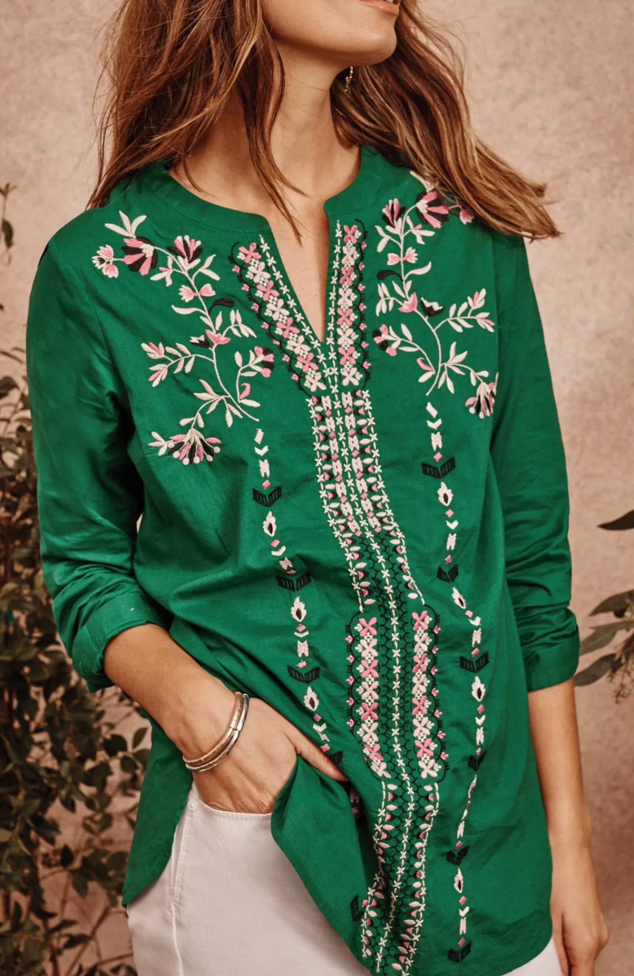 J.Jill Embroidered Split-Neck Tunic Green Meadow Multi Fashion
