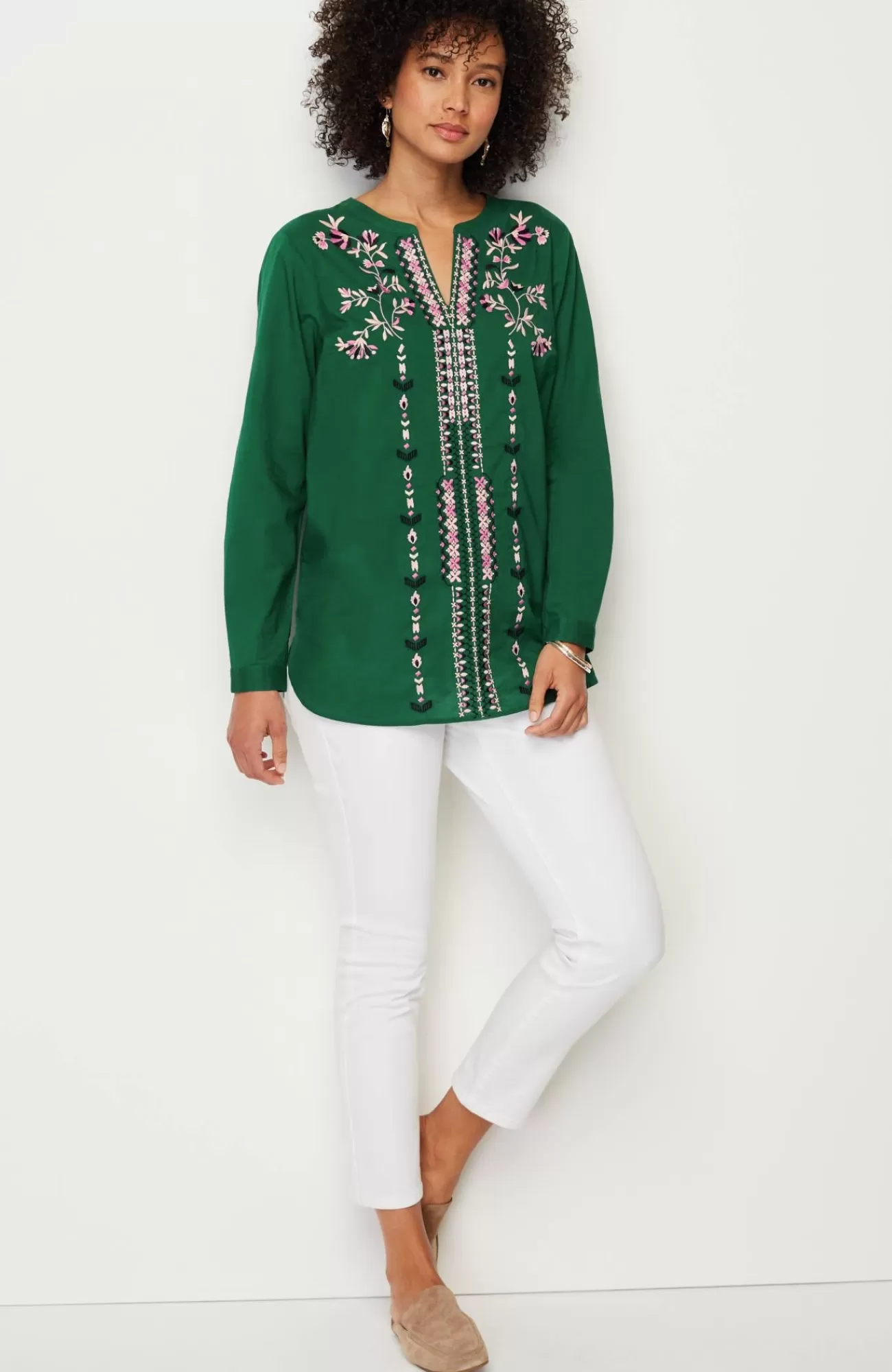 J.Jill Embroidered Split-Neck Tunic Green Meadow Multi Fashion