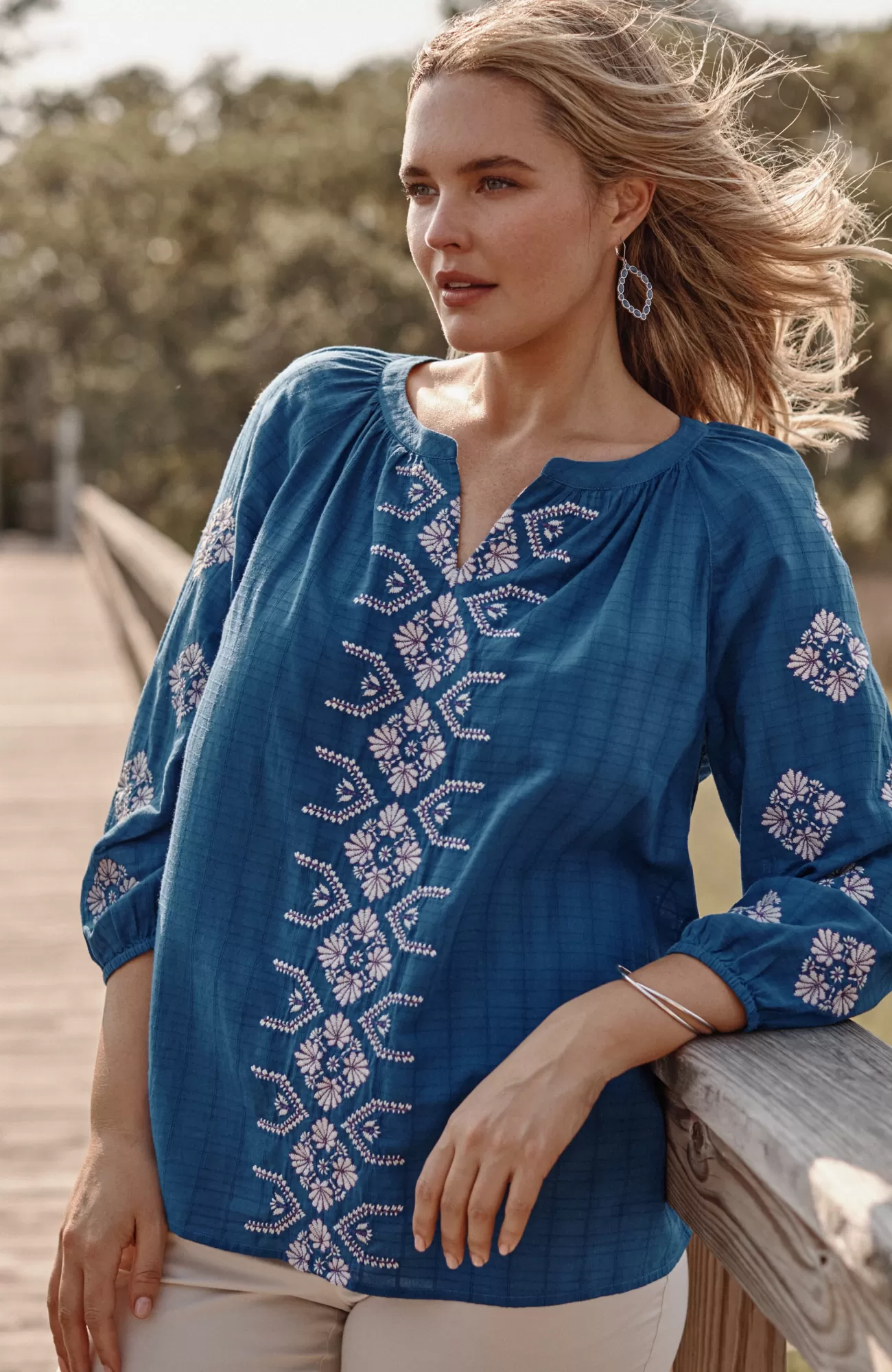J.Jill Embroidered Textured-Cotton Top Coastline Multi Sale