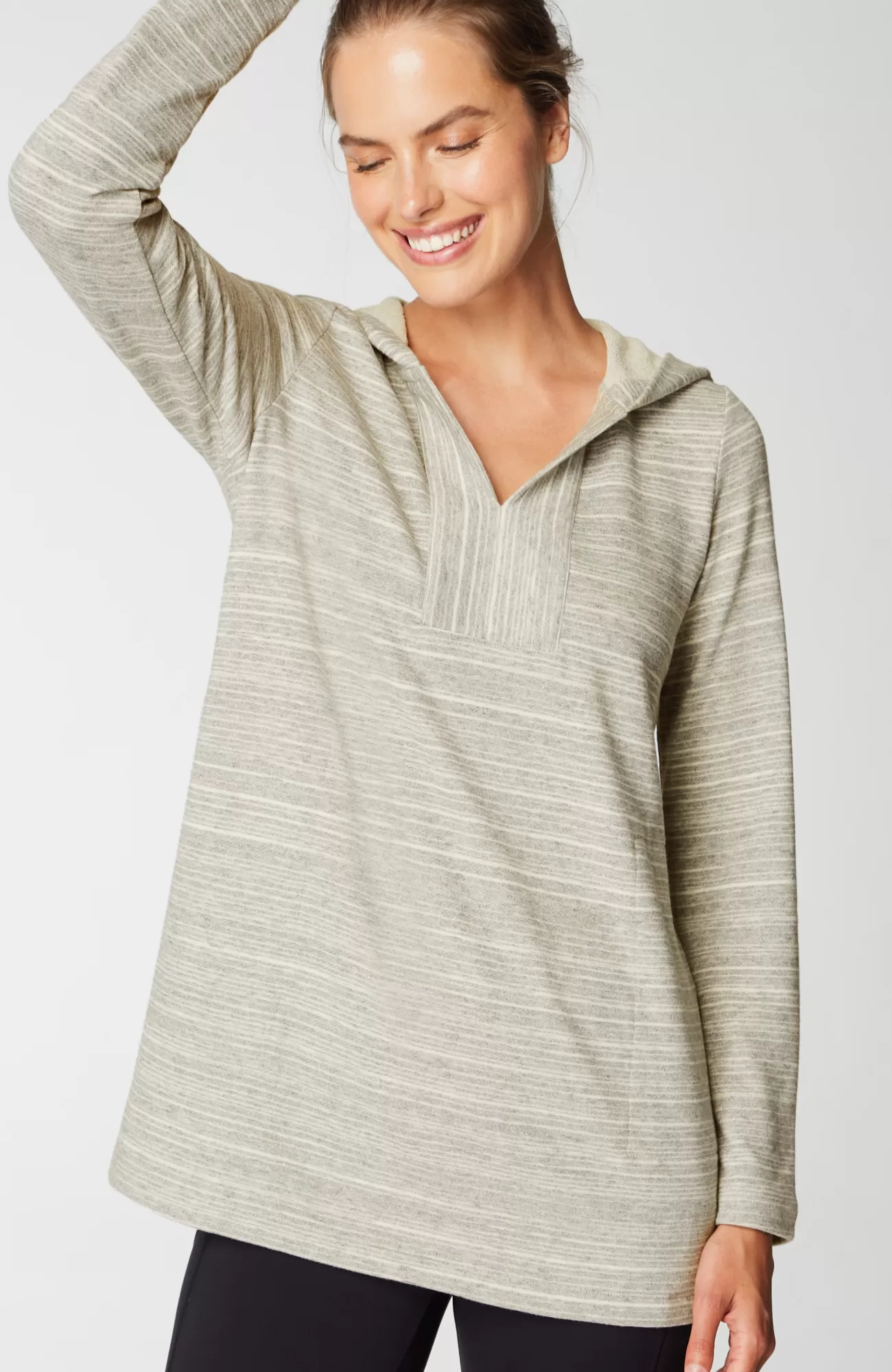 J.Jill Fit Heathered-Stripes Hooded Tunic Medium Grey Heather Multi Hot