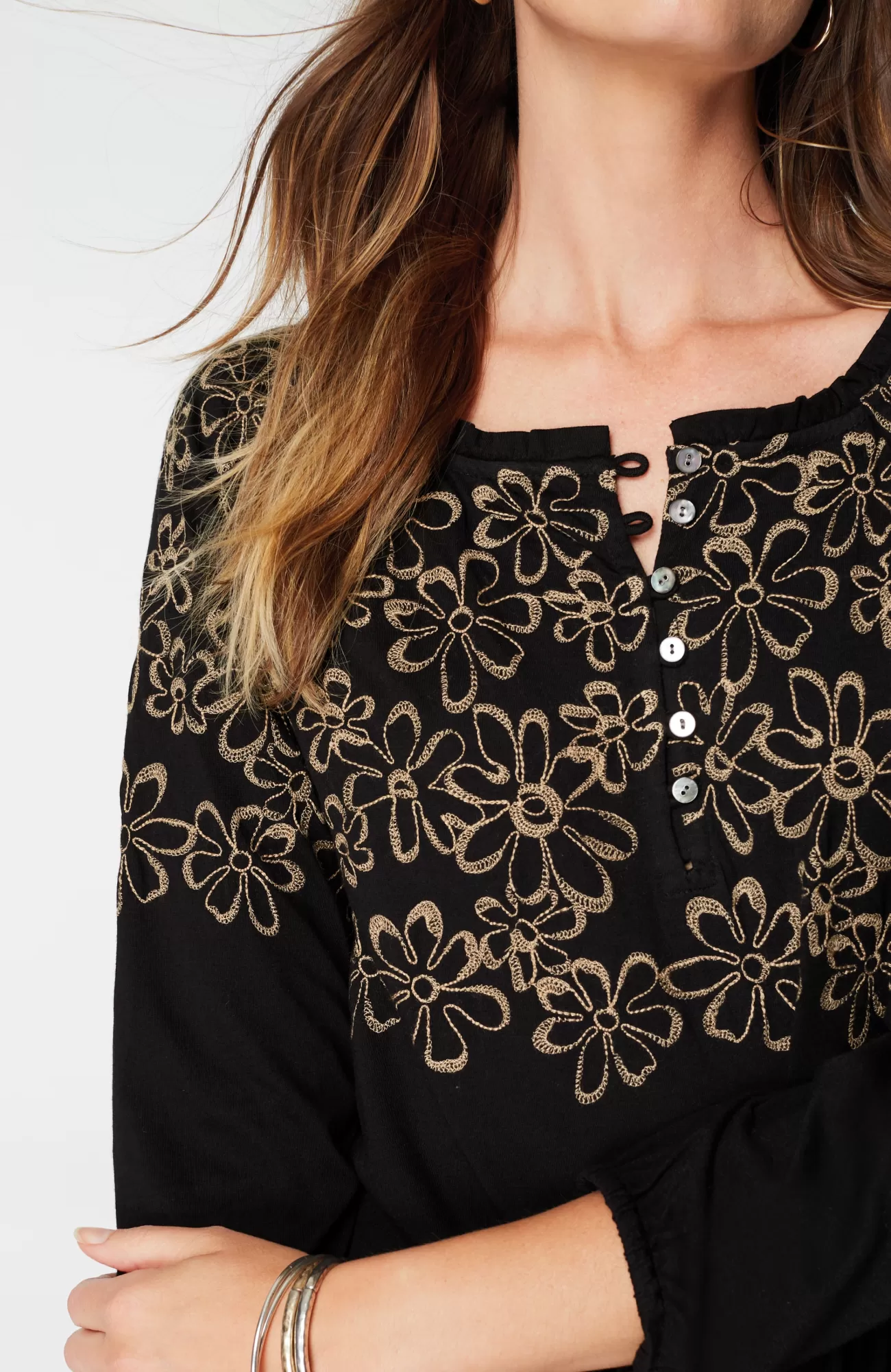 J.Jill Floral-Embroidered Raglan-Sleeve Top Black/light Toffee Online