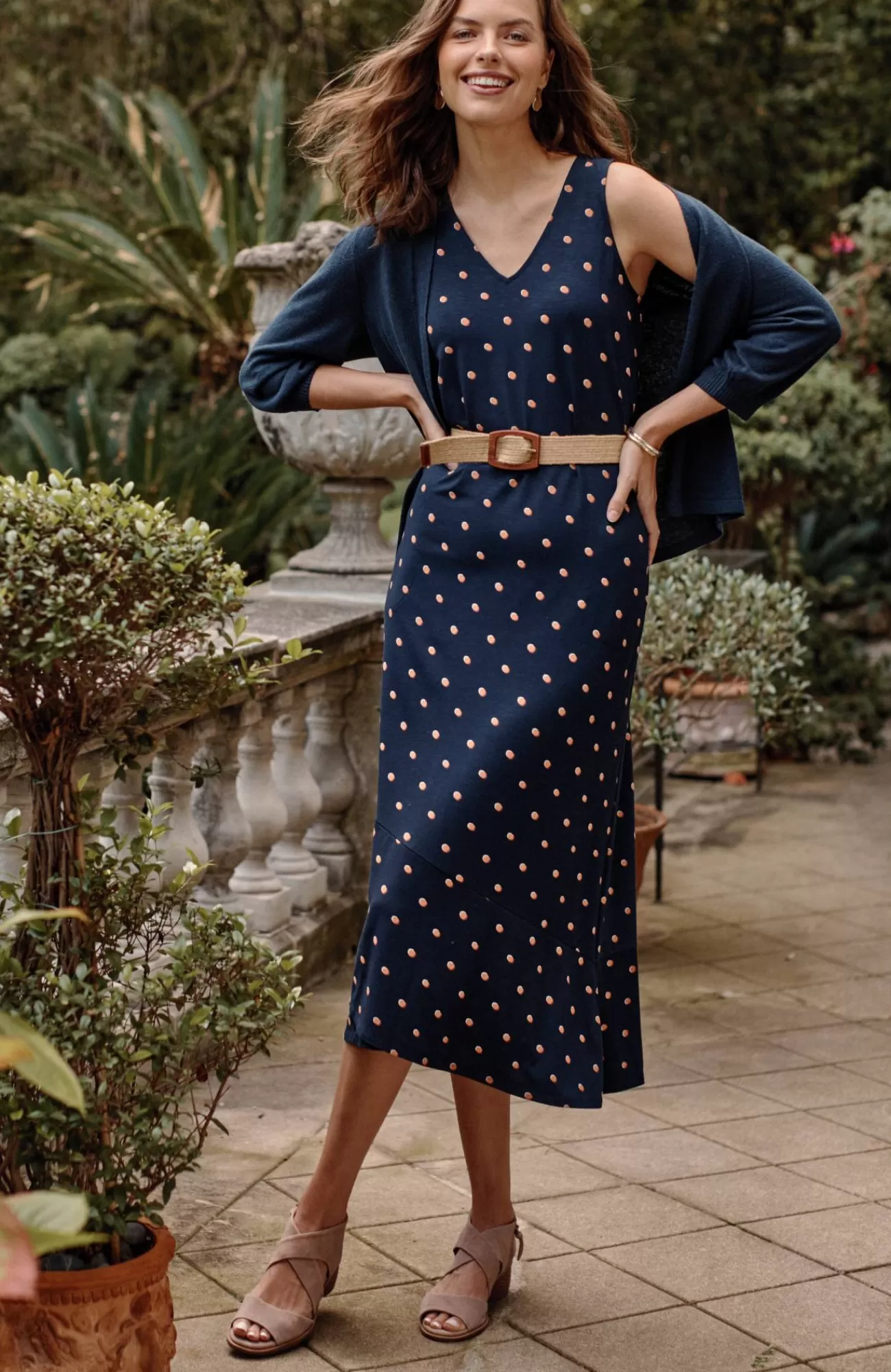 J.Jill Flounced-Hem Midi Dress Navy Blue Button Dot Cheap