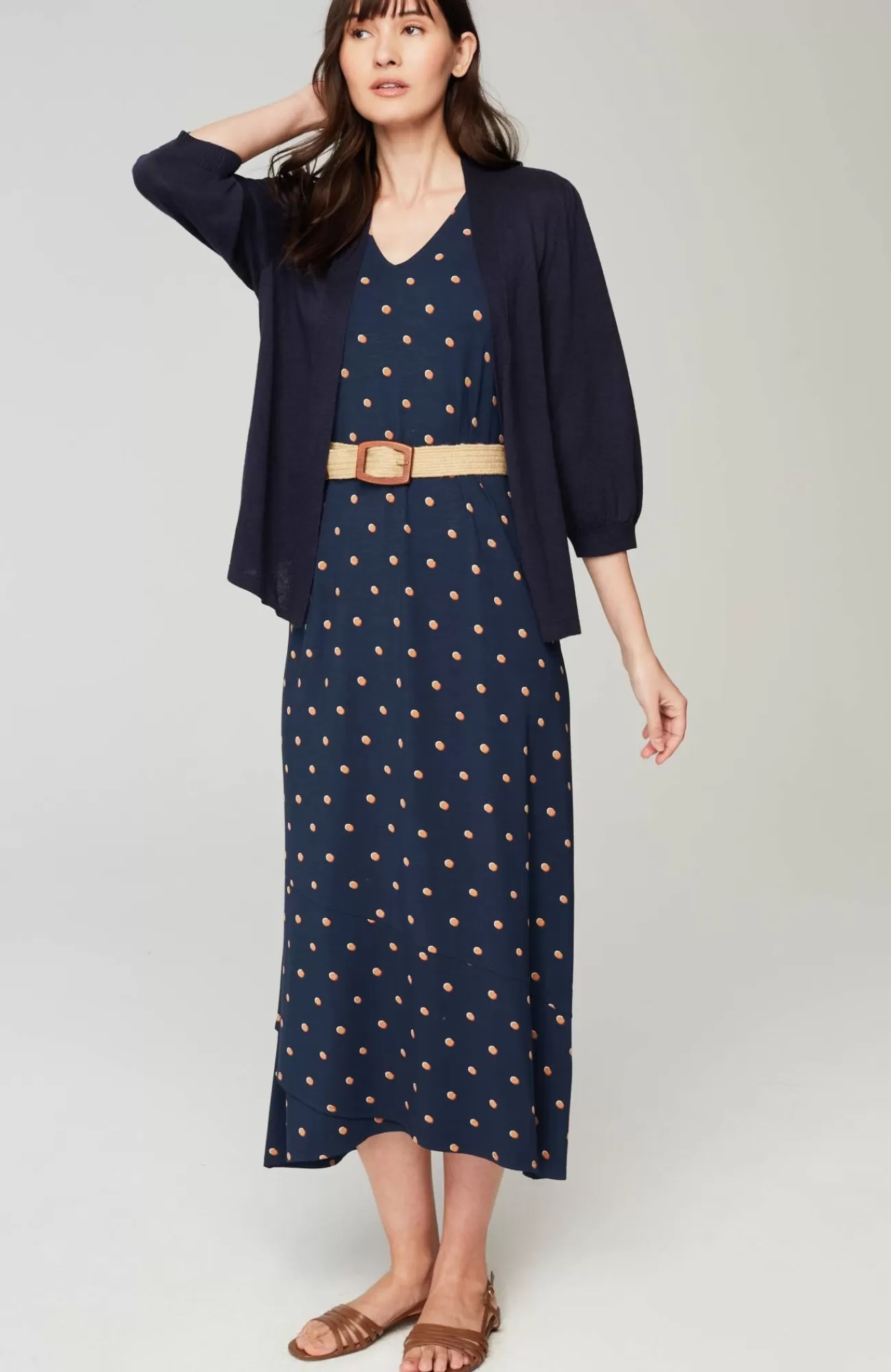 J.Jill Flounced-Hem Midi Dress Navy Blue Button Dot Cheap