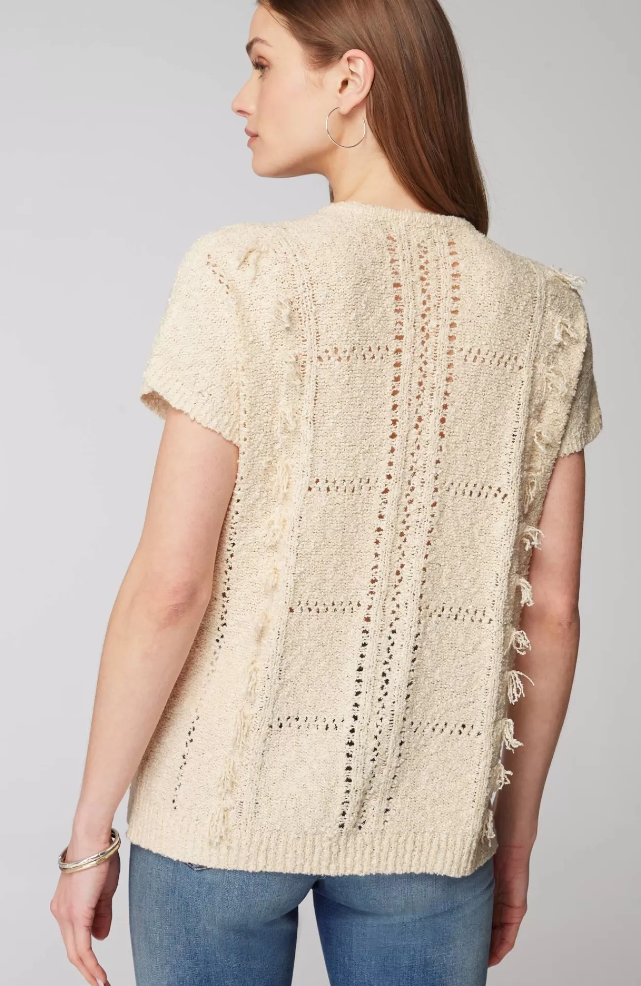 J.Jill Fringed Open-Texture Short-Sleeve Sweater Barley Best Sale