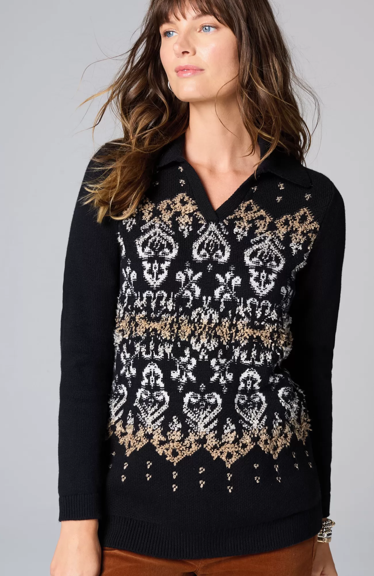 J.Jill Jacquard-Patterned Collared Sweater Black Multi Store