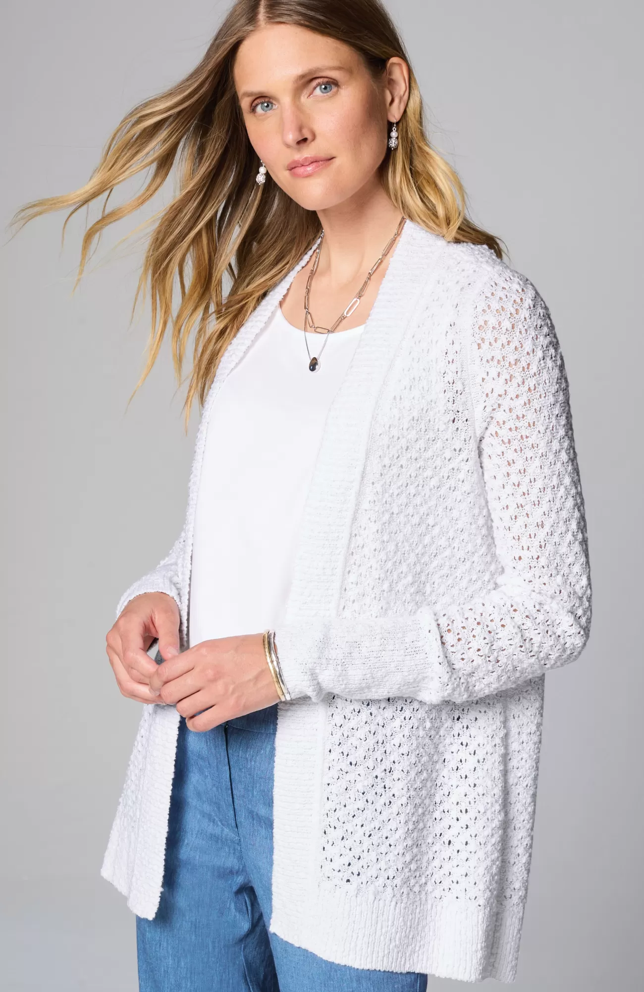 J.Jill Light Textured High-Low Cardi White Discount