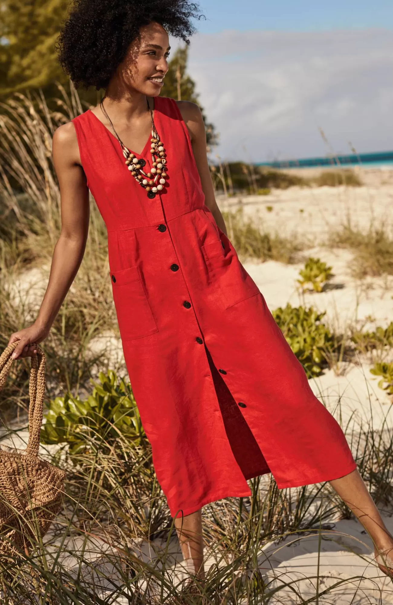 J.Jill Linen-Blend V-Neck Button-Front Dress Pomegranate Flash Sale