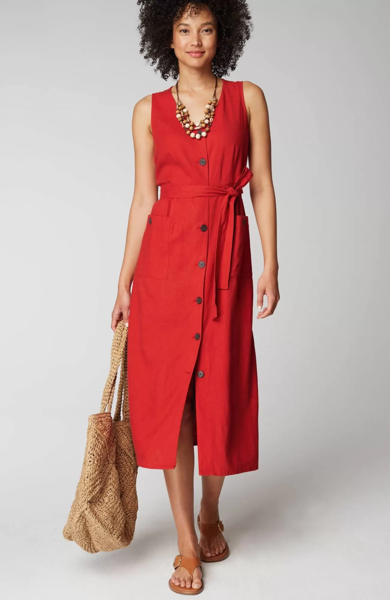 J.Jill Linen-Blend V-Neck Button-Front Dress Pomegranate Flash Sale