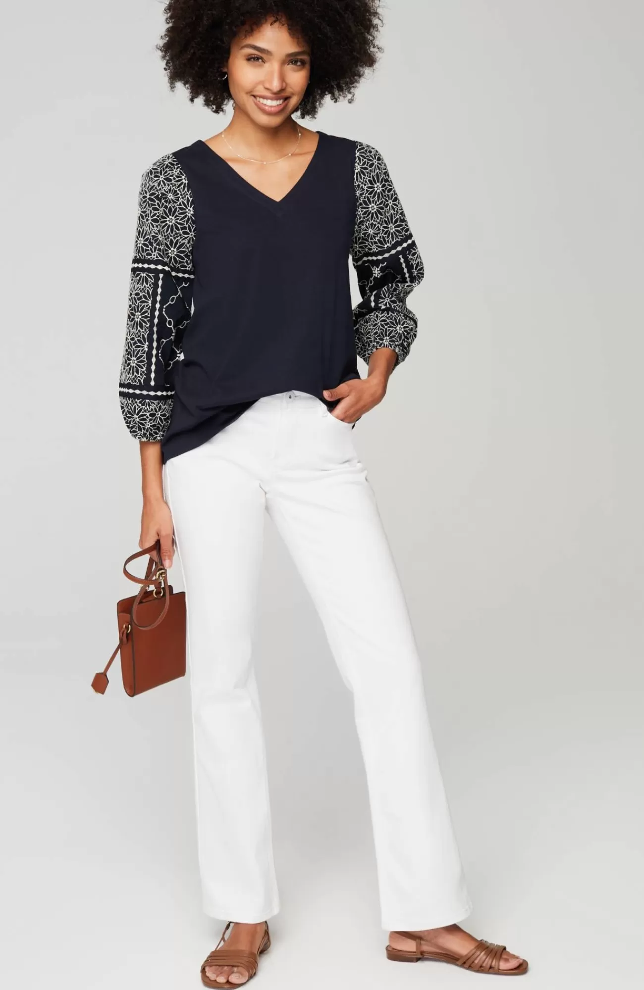 J.Jill Mixed-Media Embroidered-Sleeve Top Navy Blue/cream Cheap