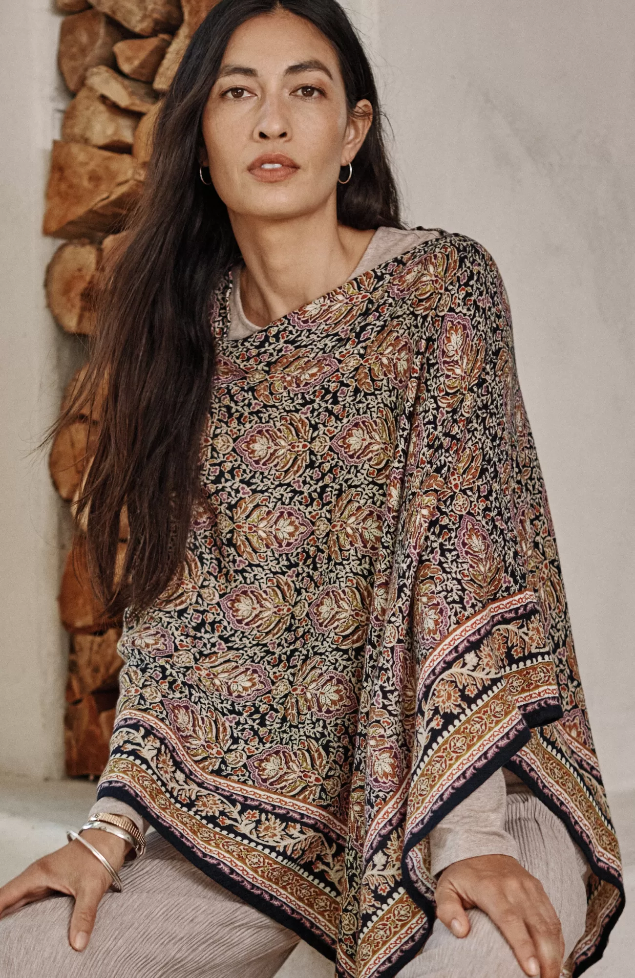 J.Jill Ornate Floral Asymmetric Poncho Navy Blue Multi Sale