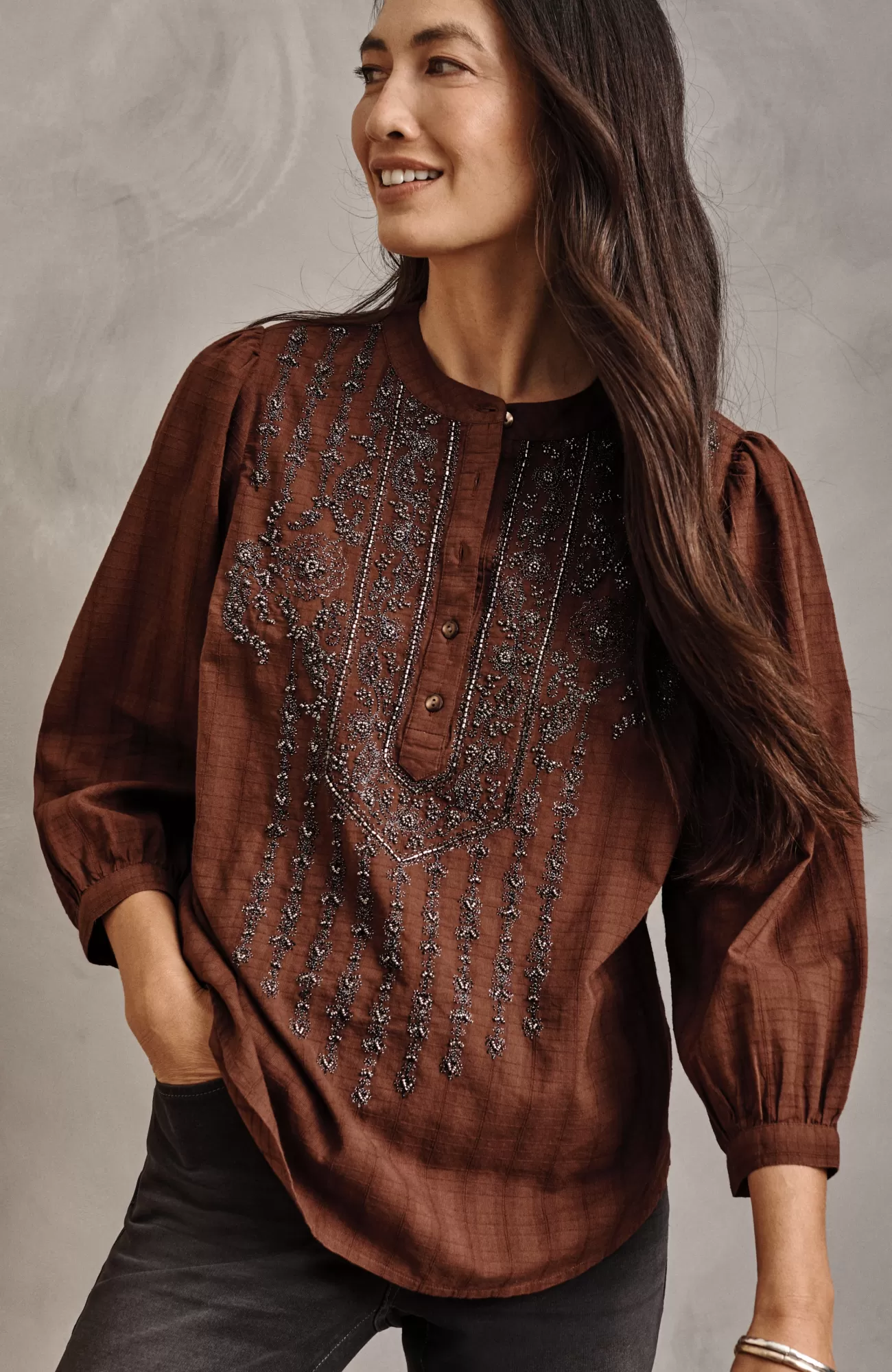 J.Jill Pure Jill Beaded & Embroidered Top Dark Rust Multi Best Sale