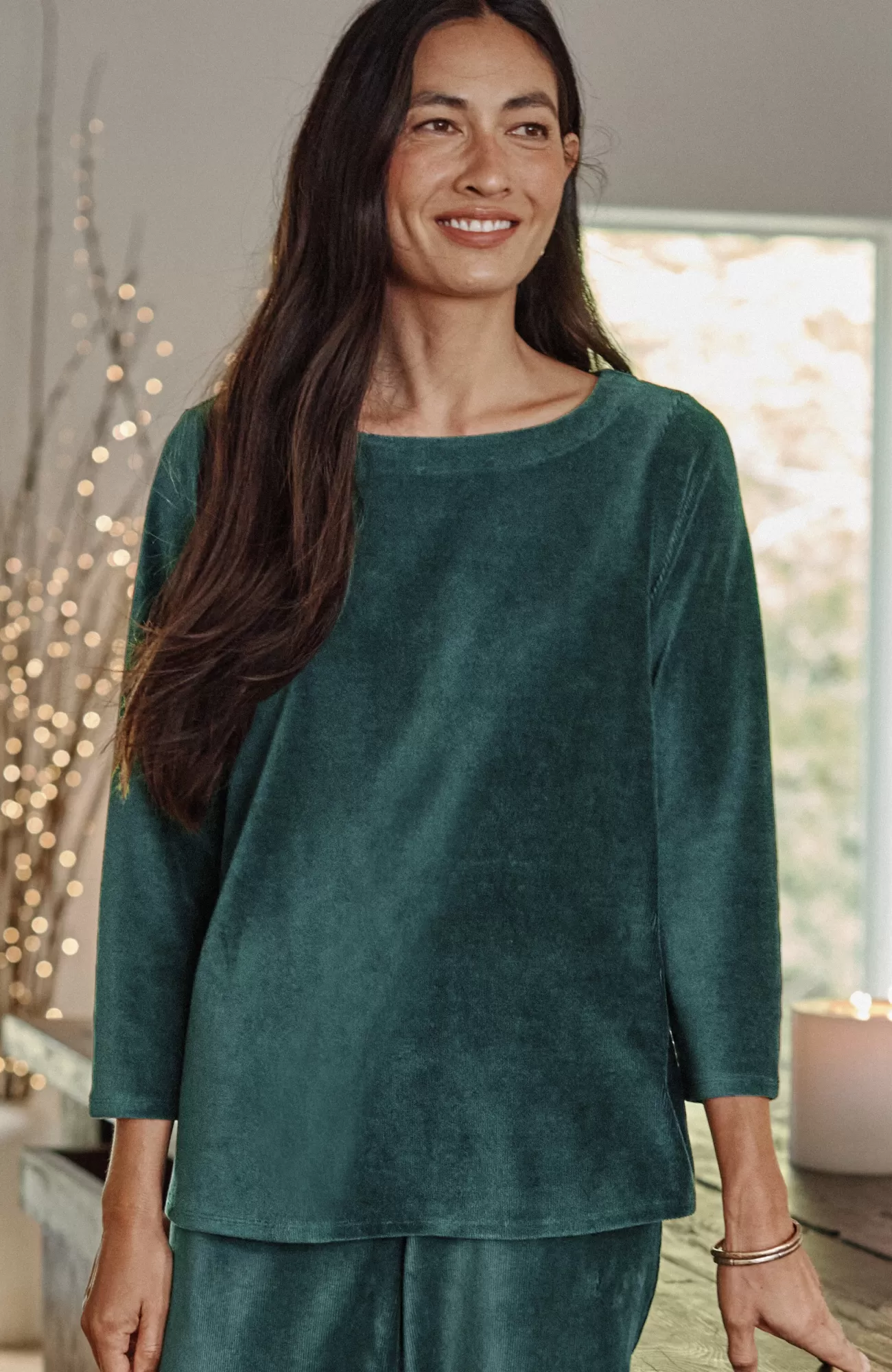 J.Jill Pure Jill Corded-Velour Buttoned-Back Top Dark Teal Sale