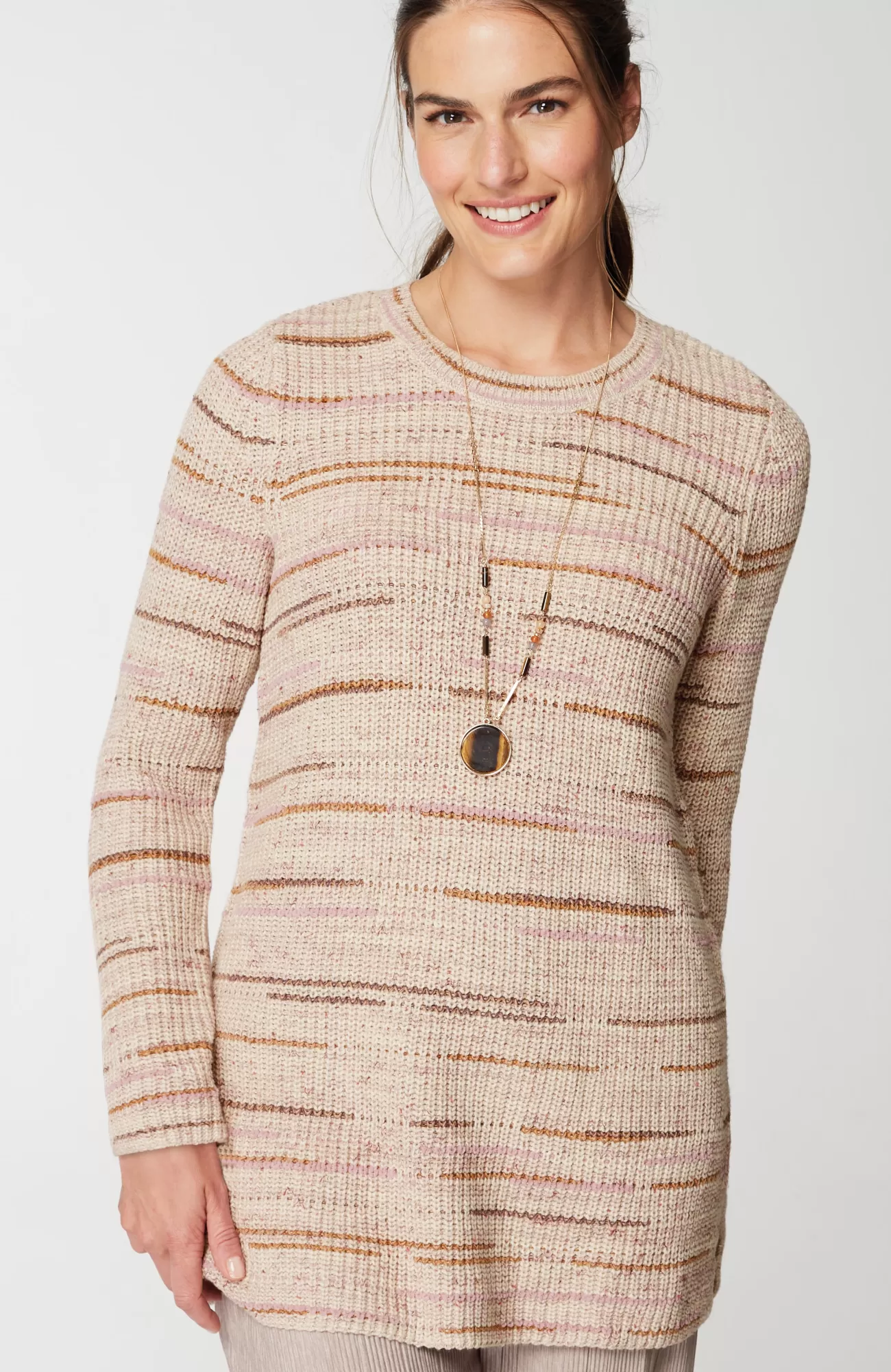 J.Jill Pure Jill Crew-Neck Intarsia Striped Tunic Light Porcini Multi Fashion