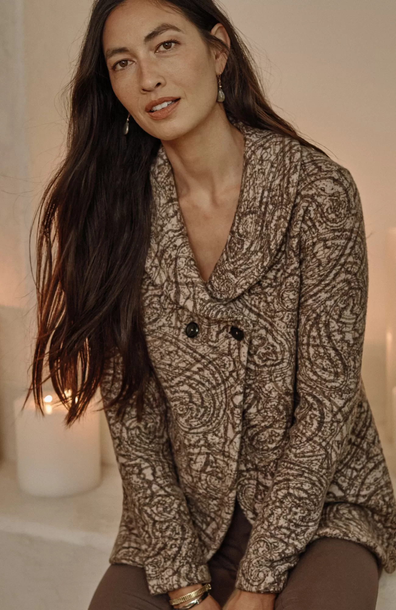 J.Jill Pure Jill Curved-Front Printed Cardi Light Mocha Textured Paisley Shop