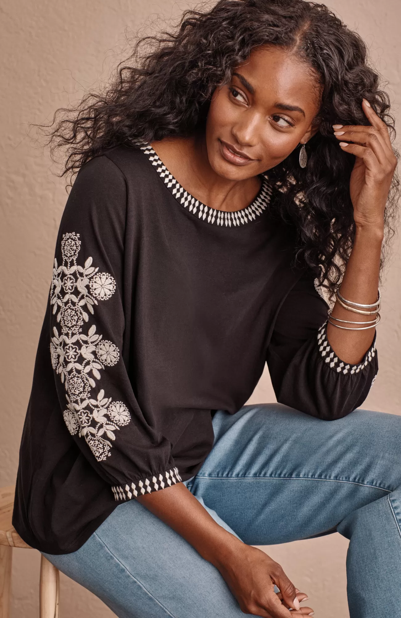 J.Jill Pure Jill Organically Grown Cotton Embroidered Top Black/cream Shop