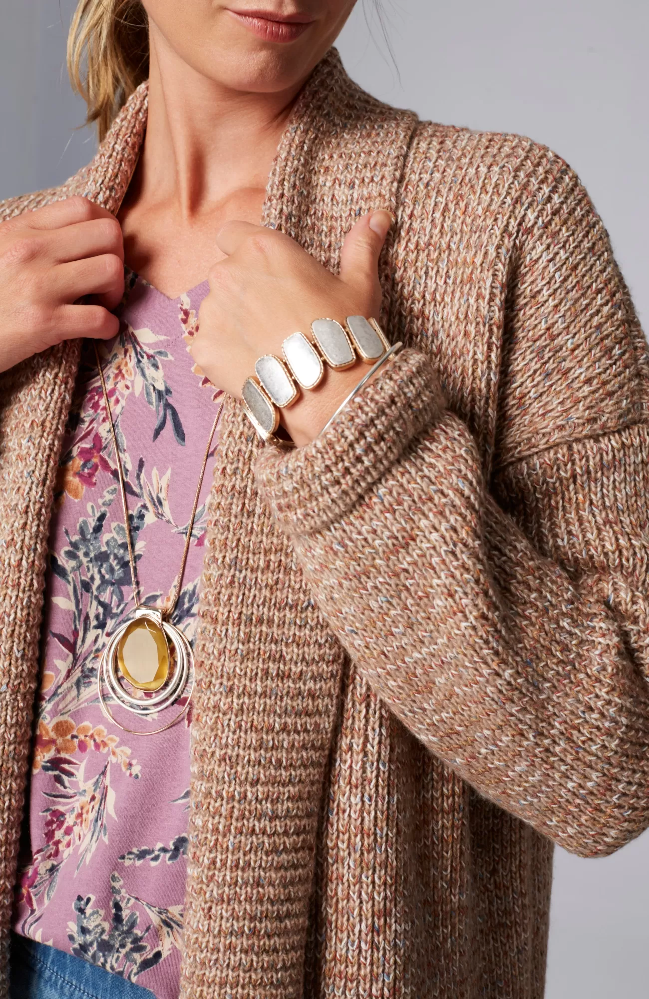 J.Jill Pure Jill Ribbed-Texture Shawl-Collar Cardi Light Toffee Multi New