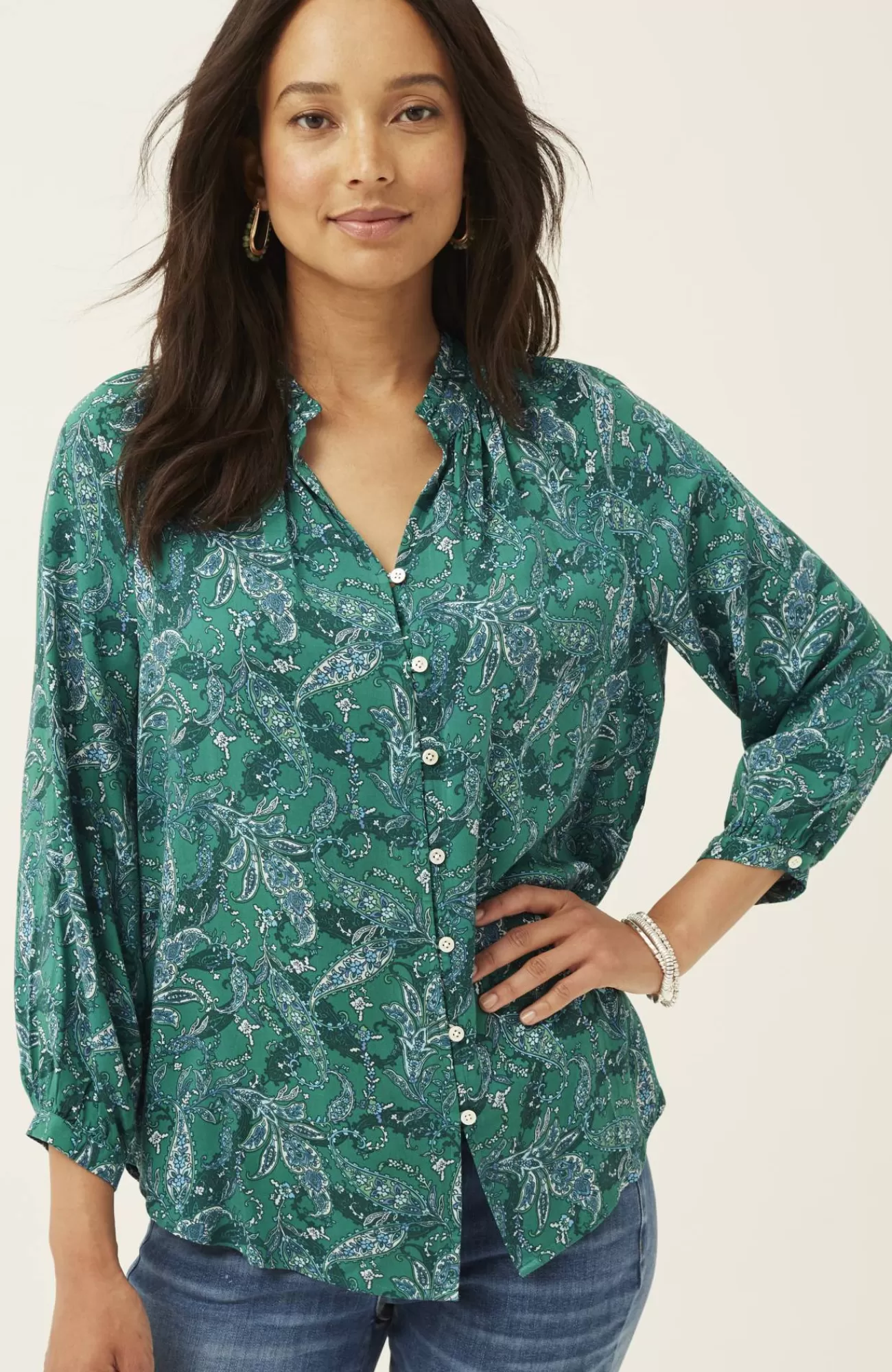ruffled_satin_top_2-1.webp J.Jill Ruffled Satin Top Verdant Green Stunning Paisley Best