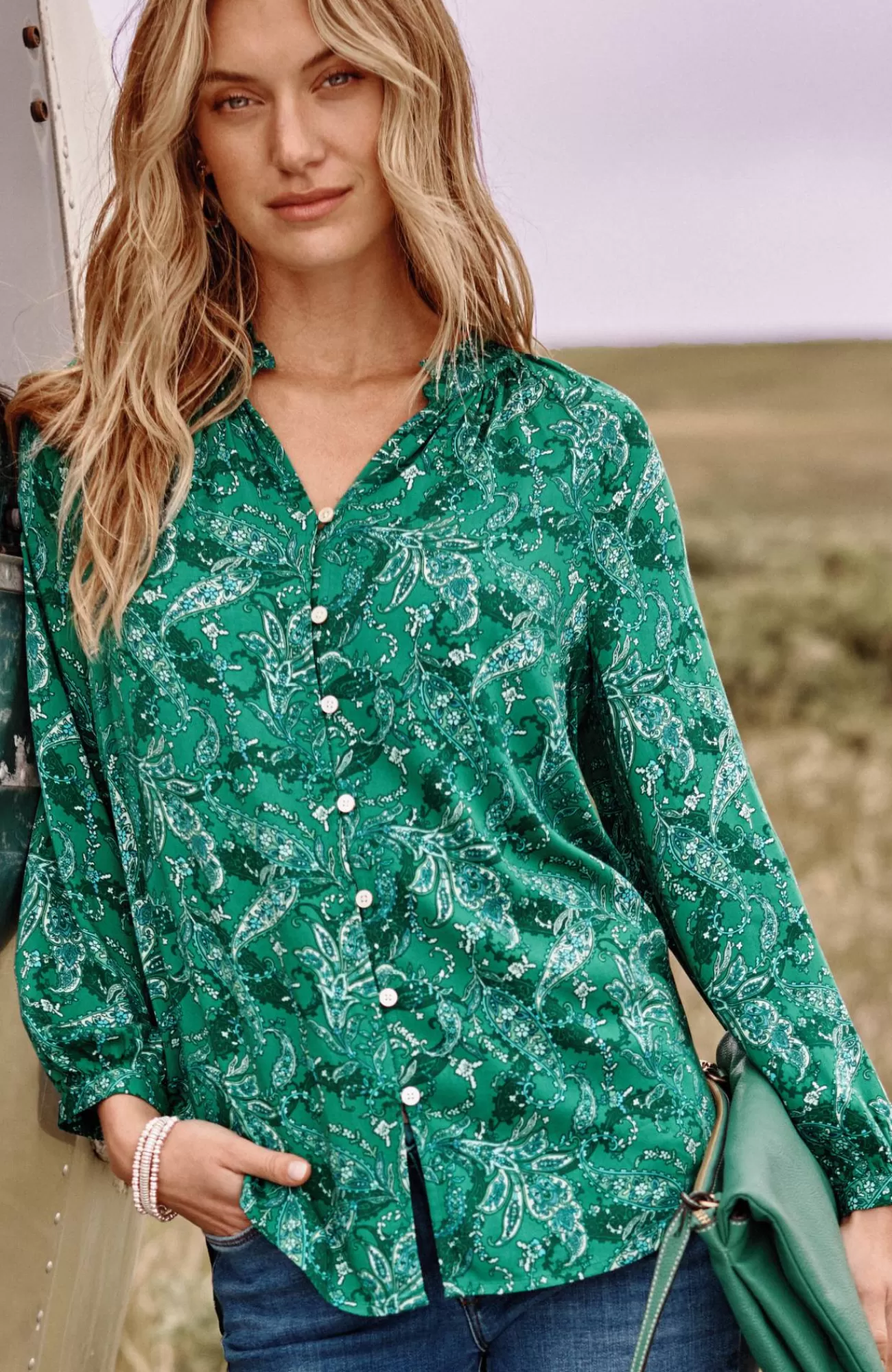 ruffled_satin_top_6-1.webp J.Jill Ruffled Satin Top Verdant Green Stunning Paisley Best