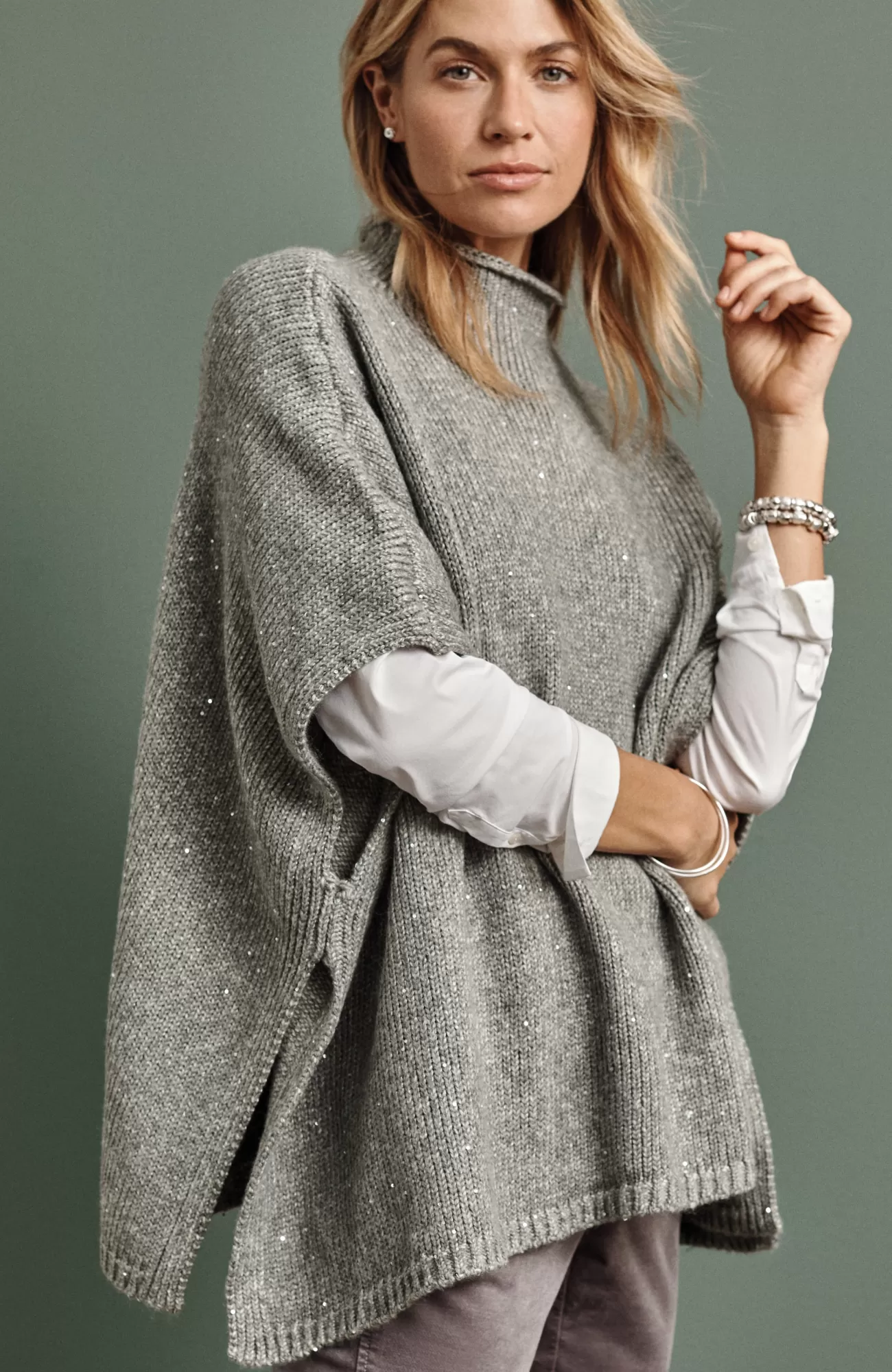 J.Jill Sequin Sweater-Knit Poncho Dark Grey Heather Cheap