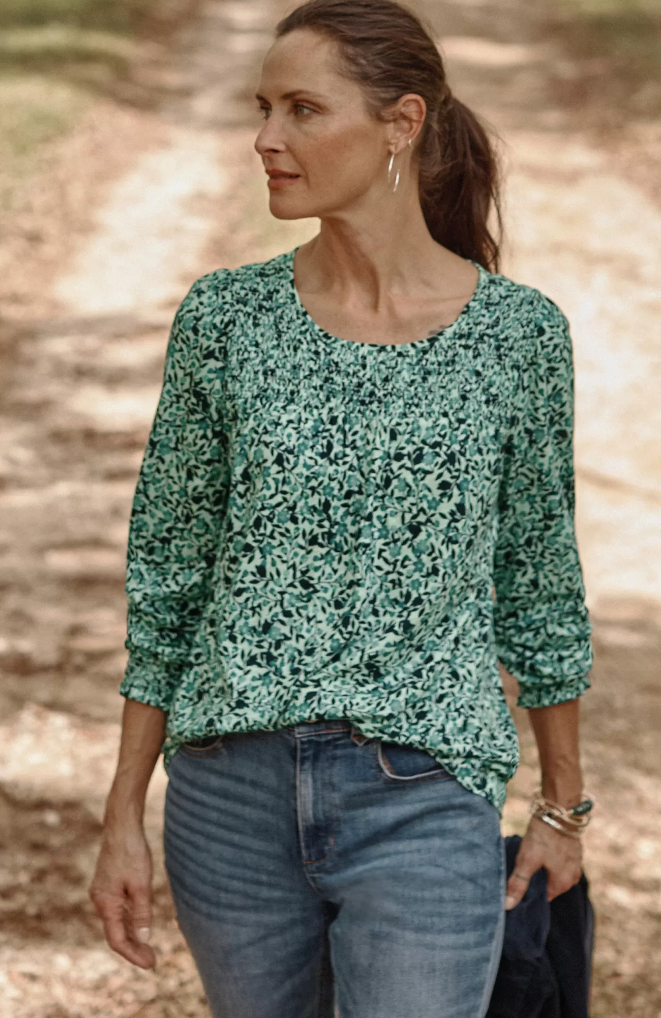 J.Jill Smocked Floral Top Sweet Agave Clustered Flowers Outlet