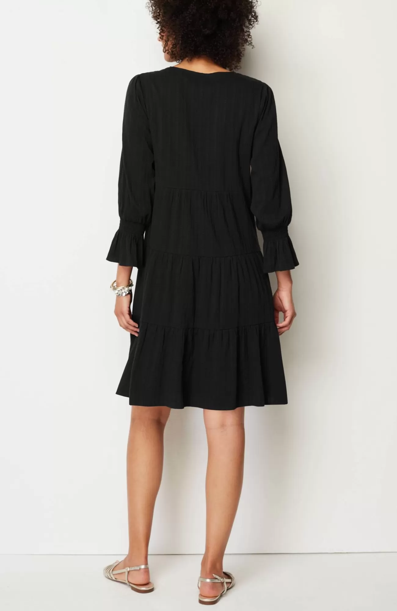 J.Jill Smocked-Sleeves Tiered Dress Black Best Sale