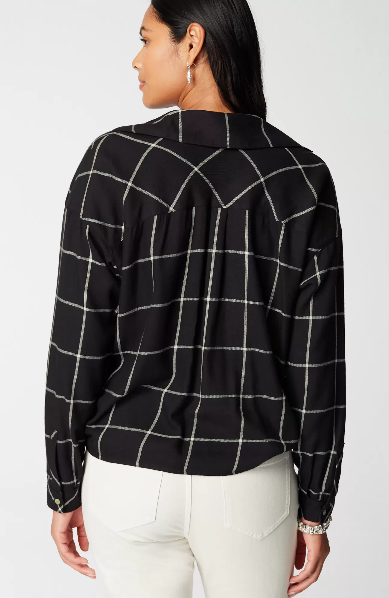 J.Jill Soft-Brushed Plaid Twist-Front Shirt Black/cream Best Sale
