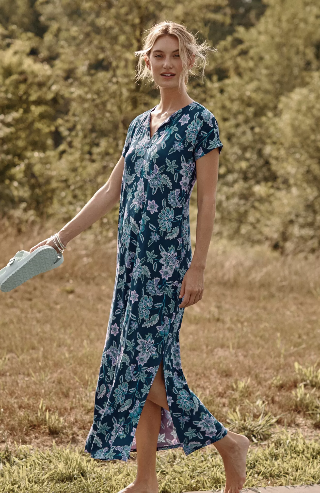 J.Jill Split-Neck Maxi Dress Dark Ocean Retro Jacobean Best Sale