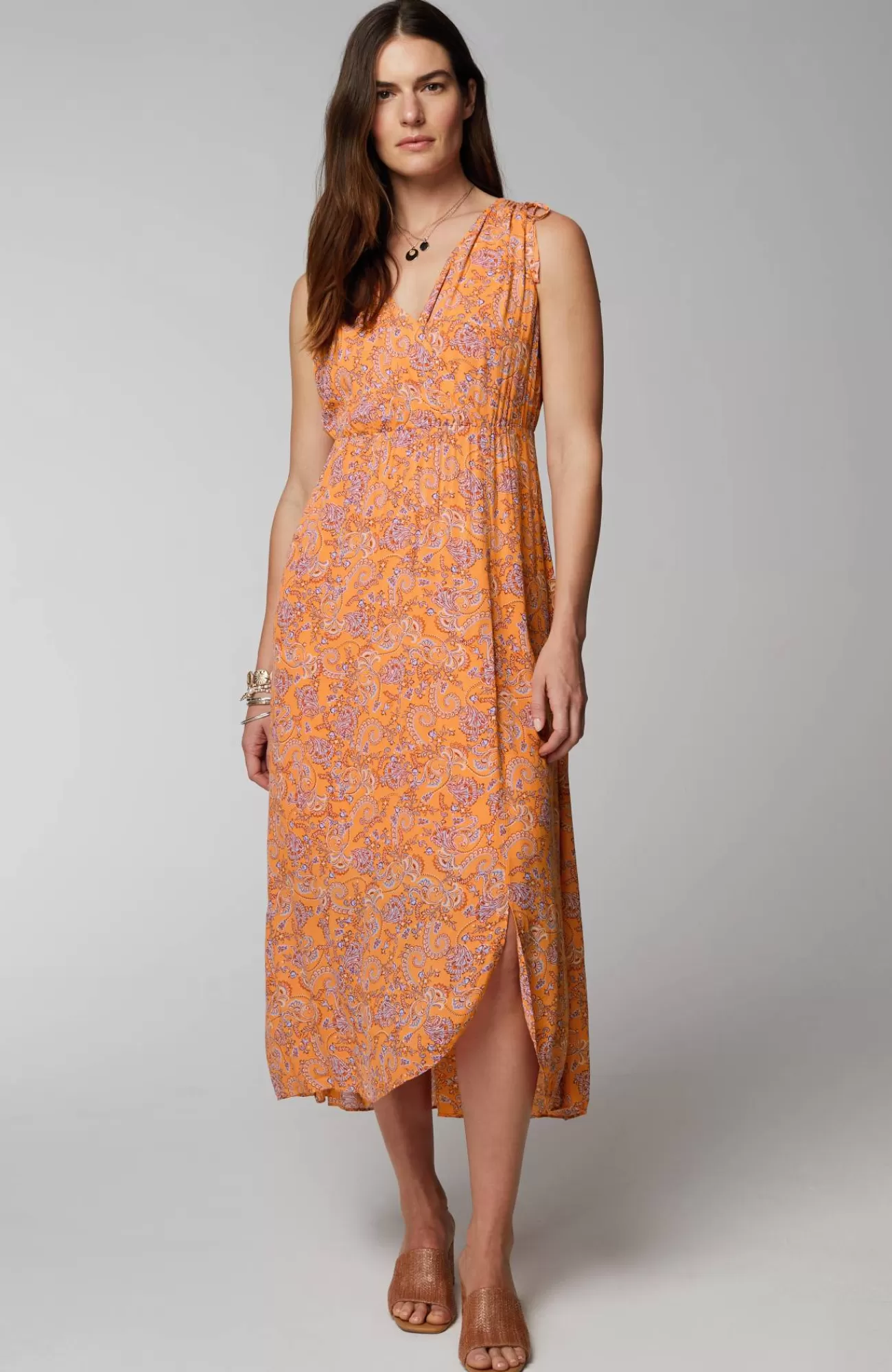 J.Jill Tie-Shoulder Faux-Wrap Dress Dark Apricot Ornamental Paisley Fashion