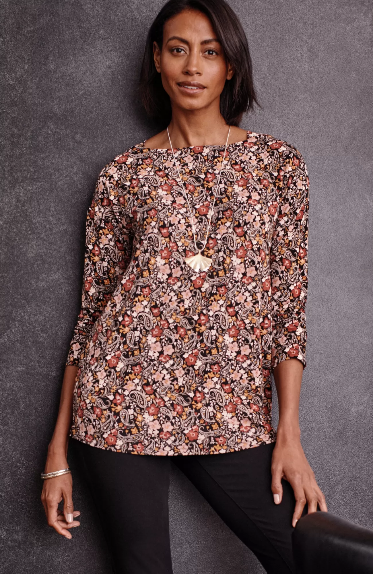 J.Jill Wearever Boat-Neck Top Black Paisley Garden Best Sale
