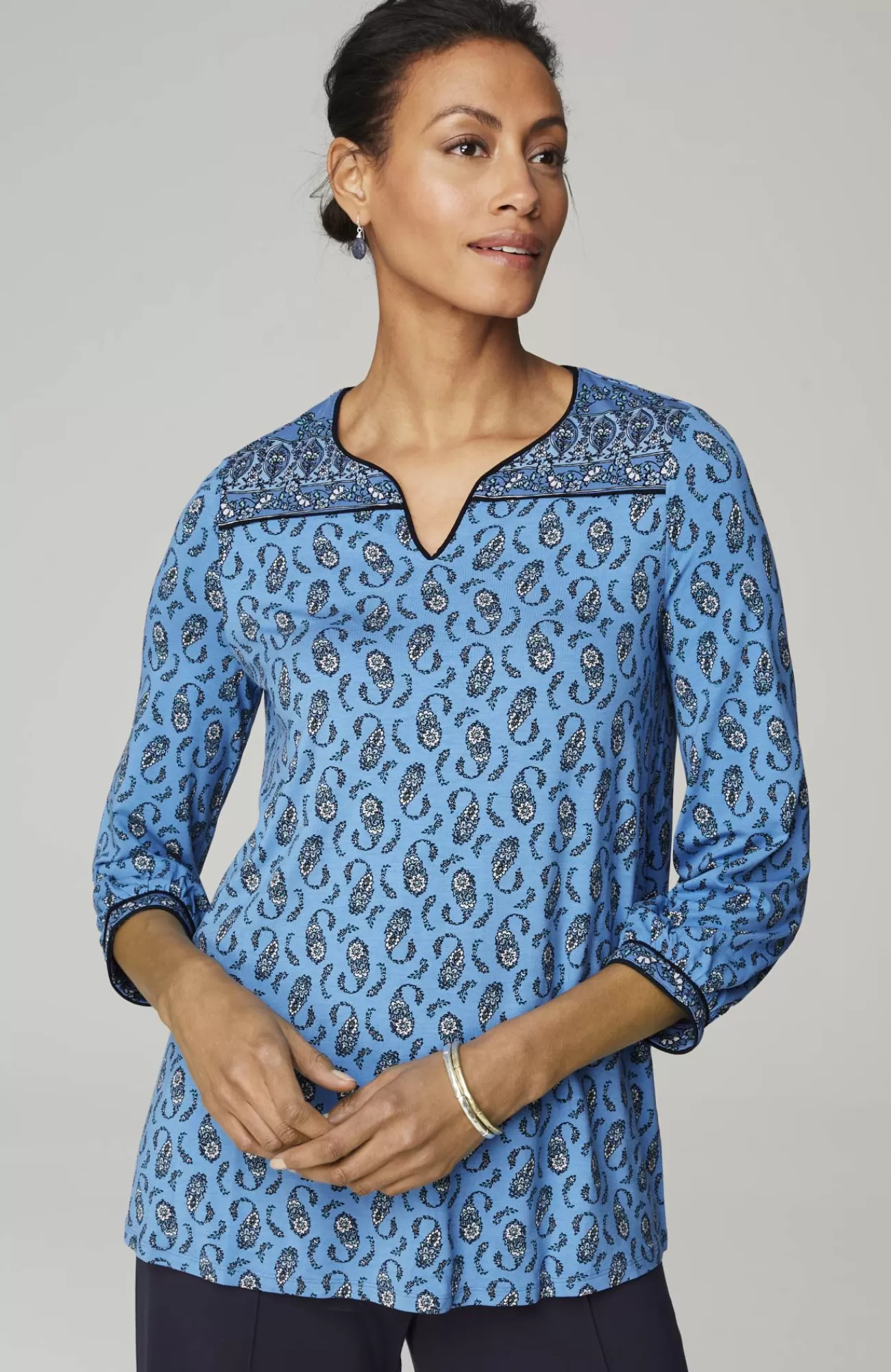 J.Jill Wearever Border-Yoke Top Blue Agate Playful Paisley Fashion