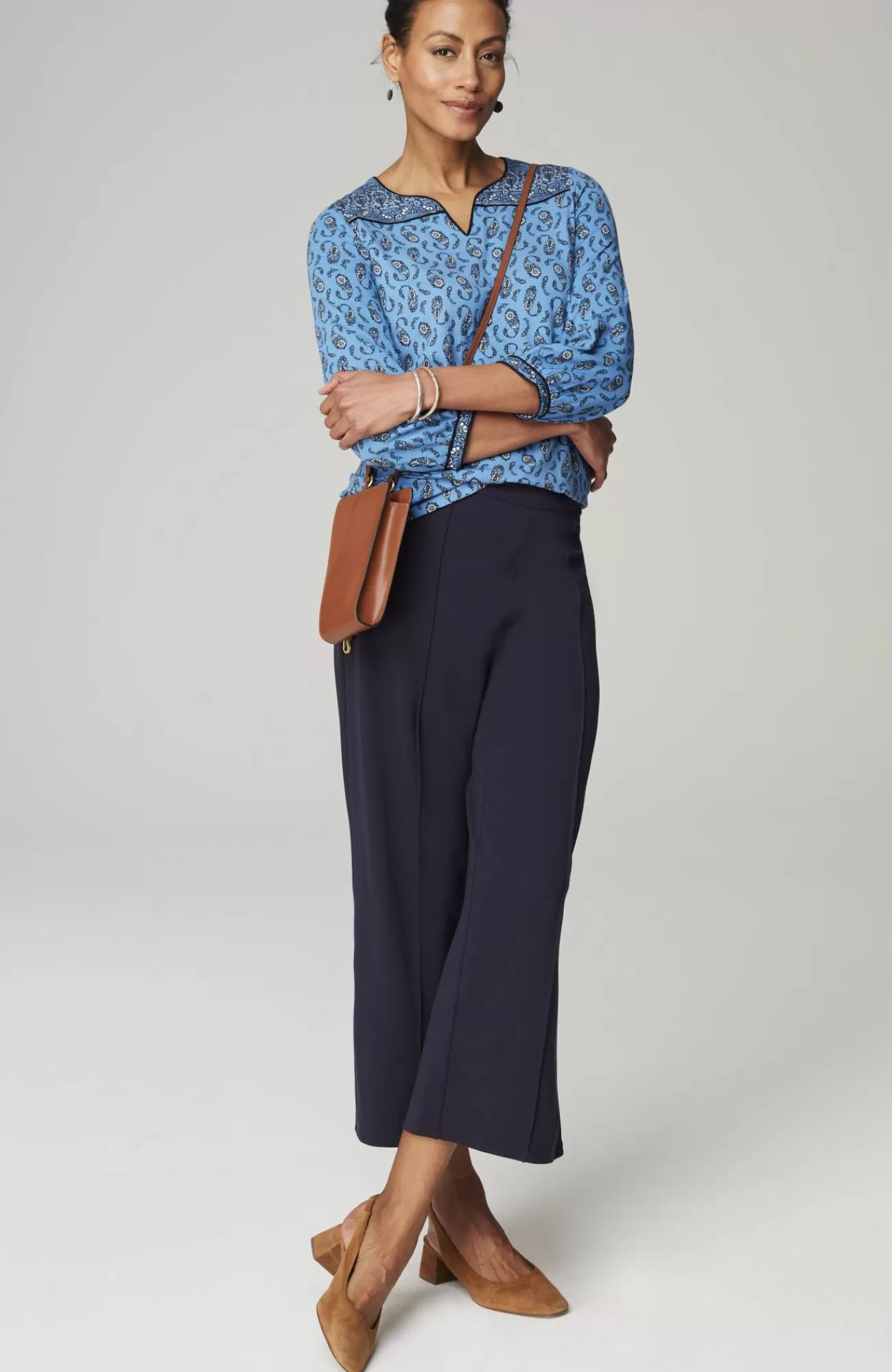 J.Jill Wearever Border-Yoke Top Blue Agate Playful Paisley Fashion