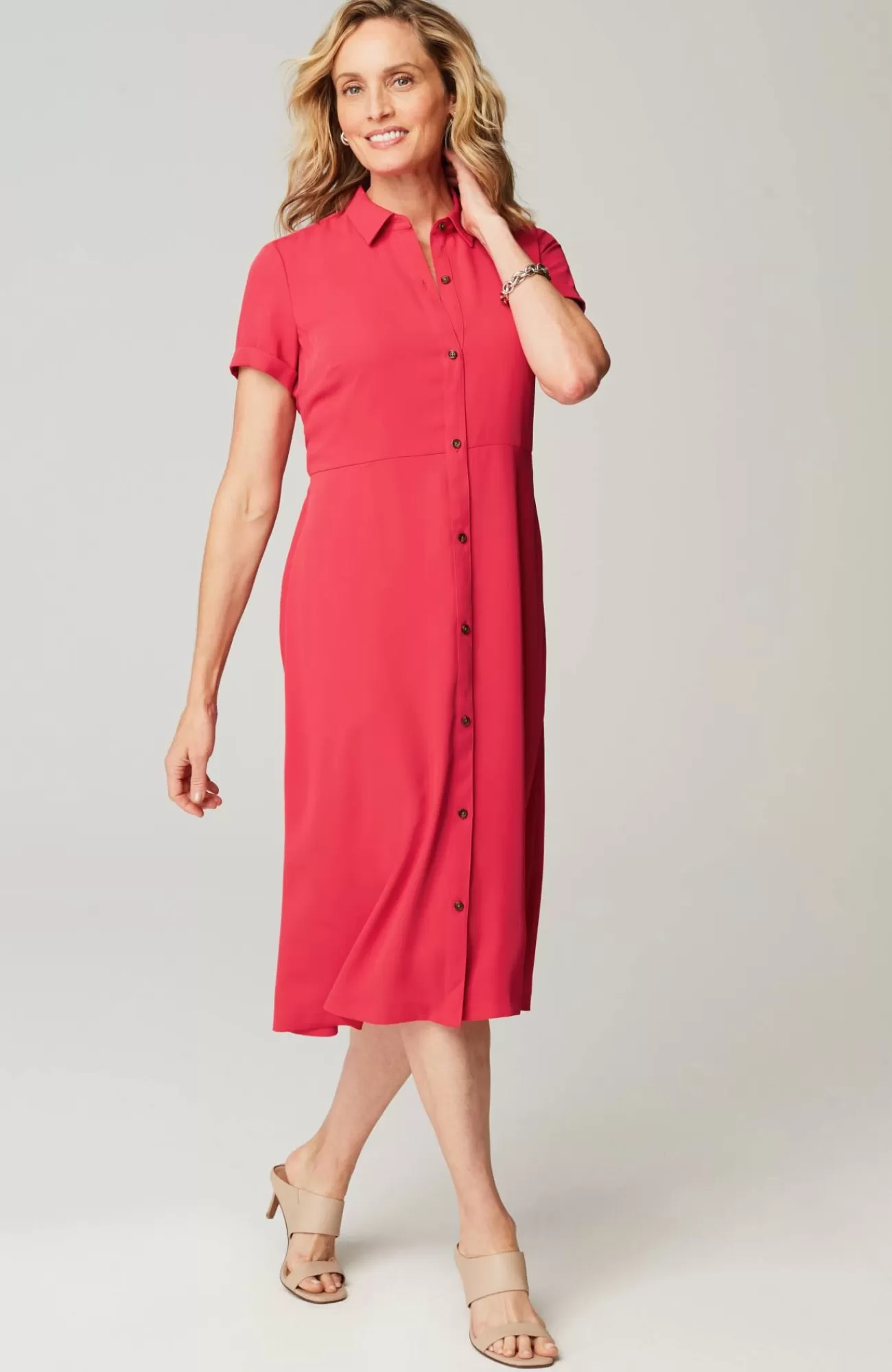 J.Jill Wearever Button-Front Belted Shirtdress Poppy Outlet