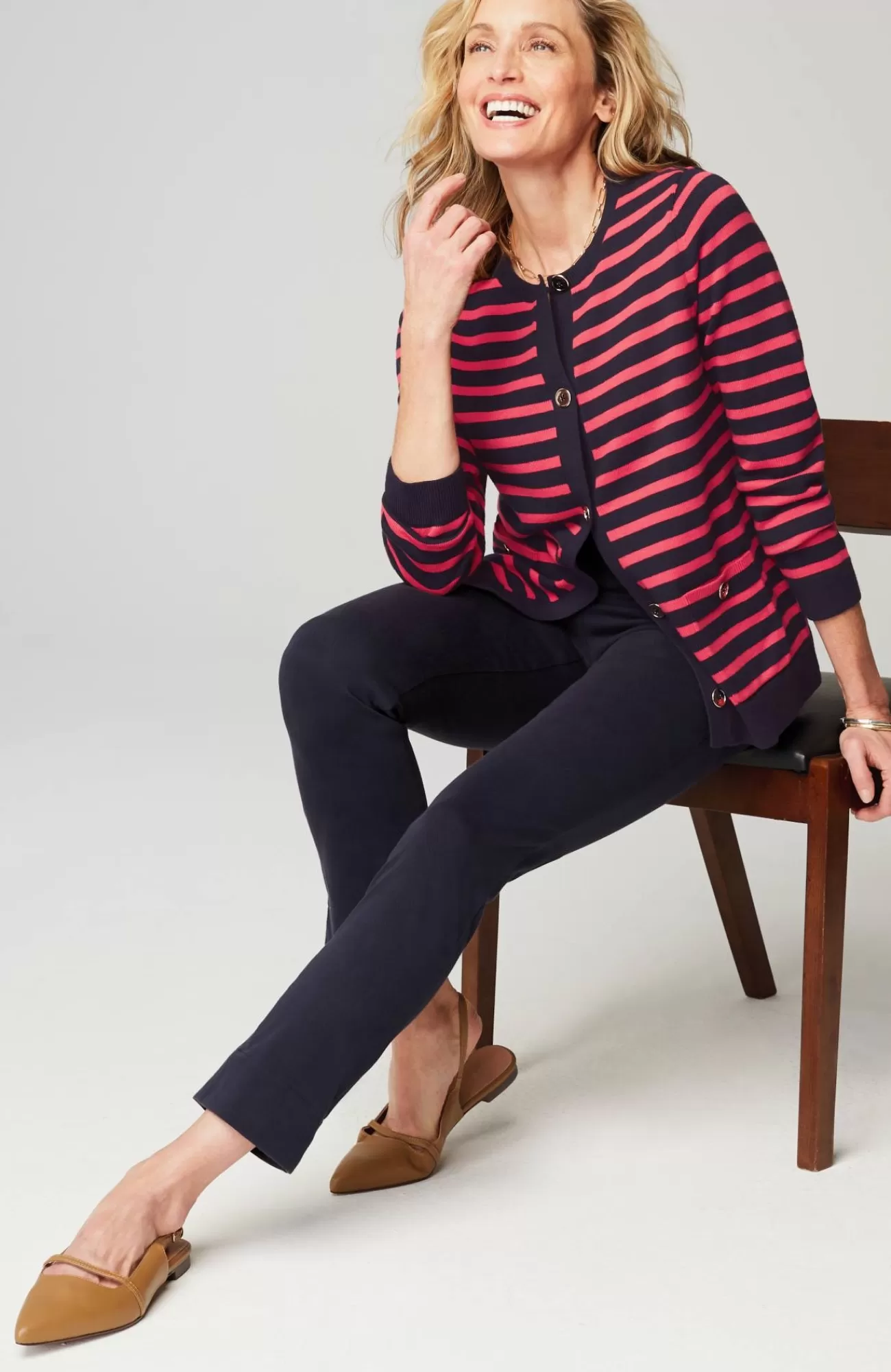 J.Jill Wearever Button-Front Striped Cardi Navy Blue/poppy Sale