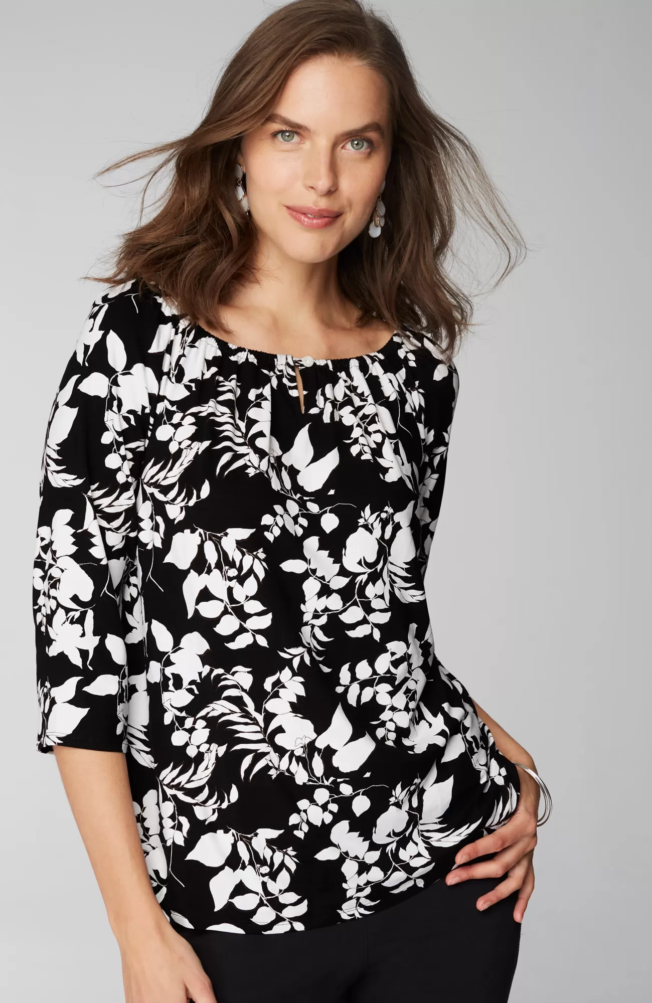J.Jill Wearever Convertible-Shoulder Keyhole Top Black Silhouette Vines Cheap