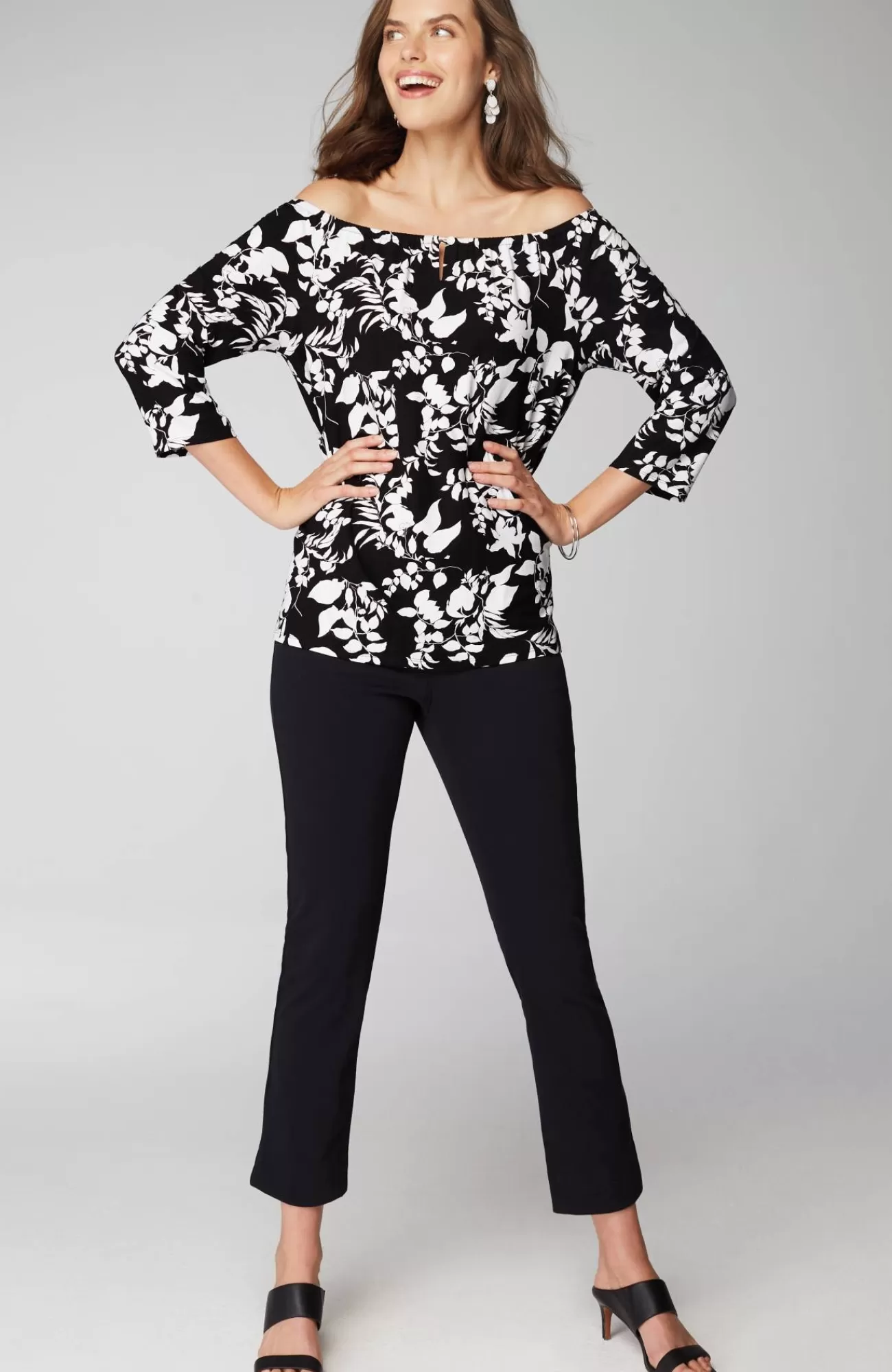 J.Jill Wearever Convertible-Shoulder Keyhole Top Black Silhouette Vines Cheap