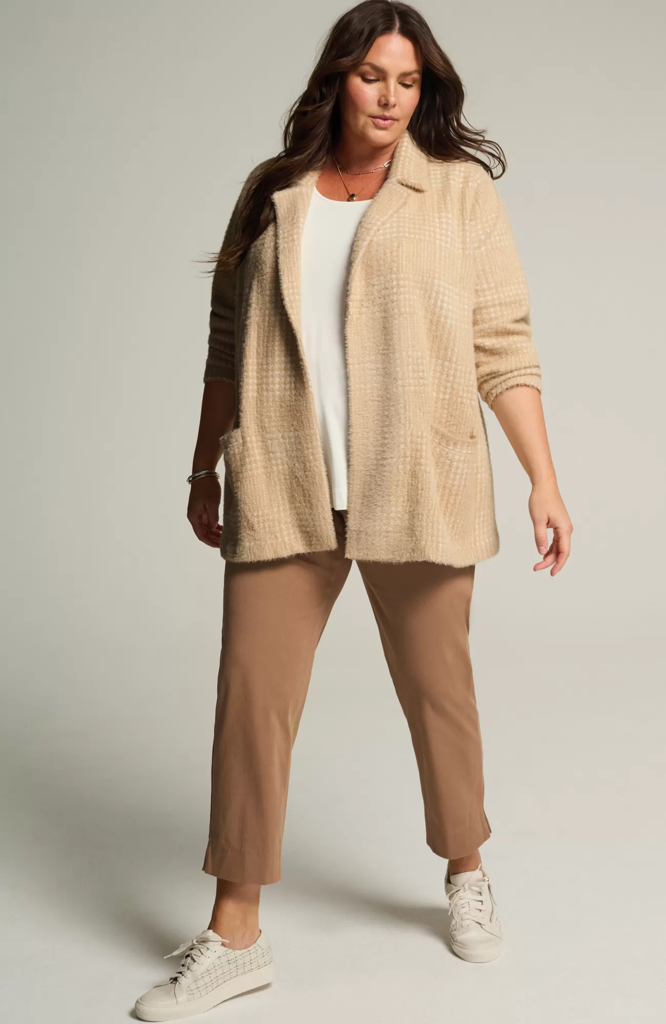 J.Jill Wearever Luxe Soft Plaid Sweater-Jacket Cream/light Toffee Fashion