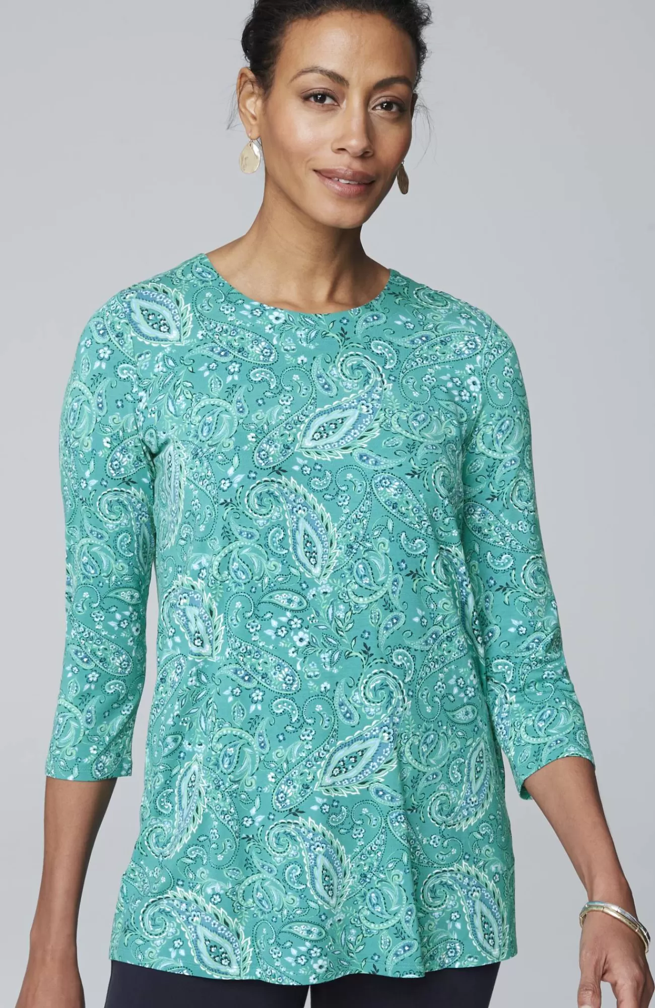 wearever_mixedprint_buttonback_top_4-1.webp J.Jill Wearever Mixed-Print Button-Back Top Teal Green Paisley Flourish Mix New