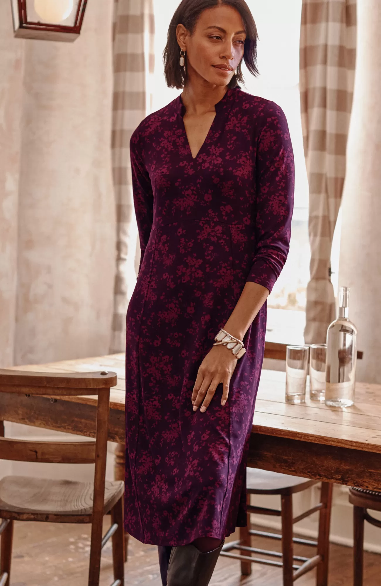 J.Jill Wearever Princess-Seamed V-Neck Dress Black Cherry Scattered Floral Cheap