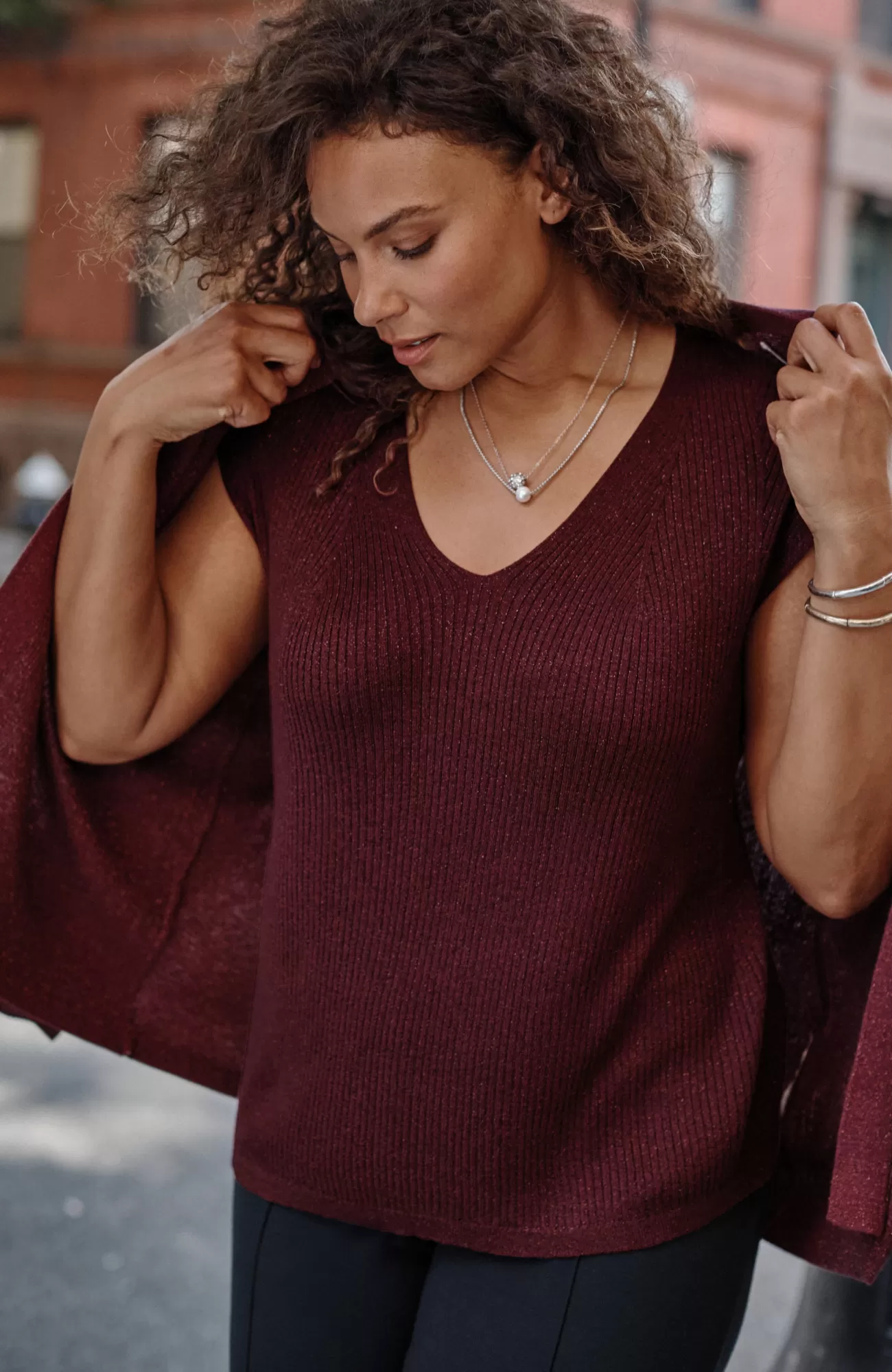 J.Jill Wearever Rib-Textured Sparkle Top Bordeaux Multi New