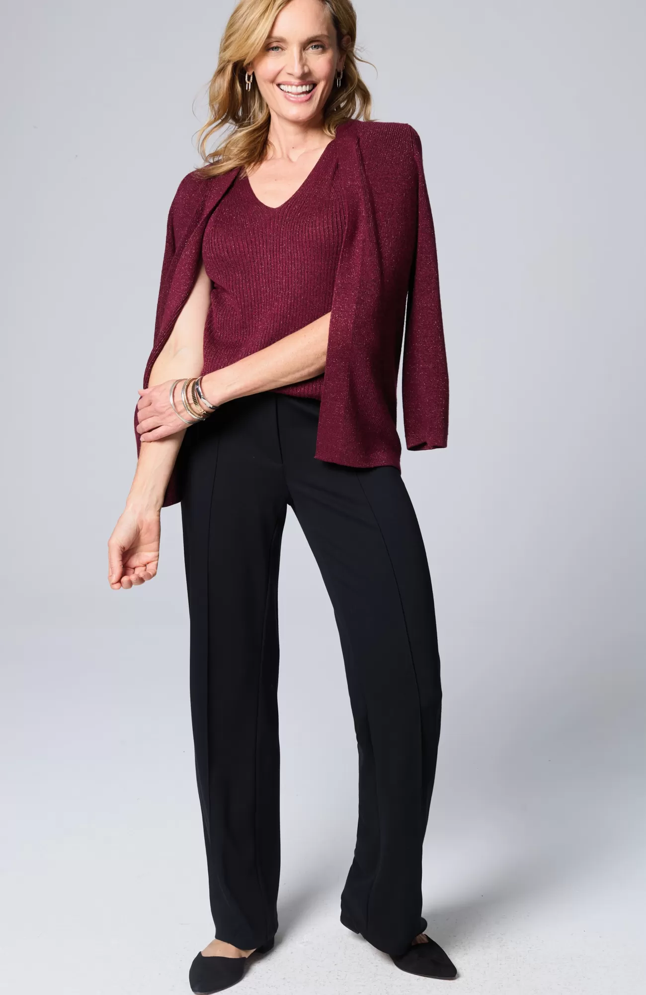 J.Jill Wearever Rib-Textured Sparkle Top Bordeaux Multi New