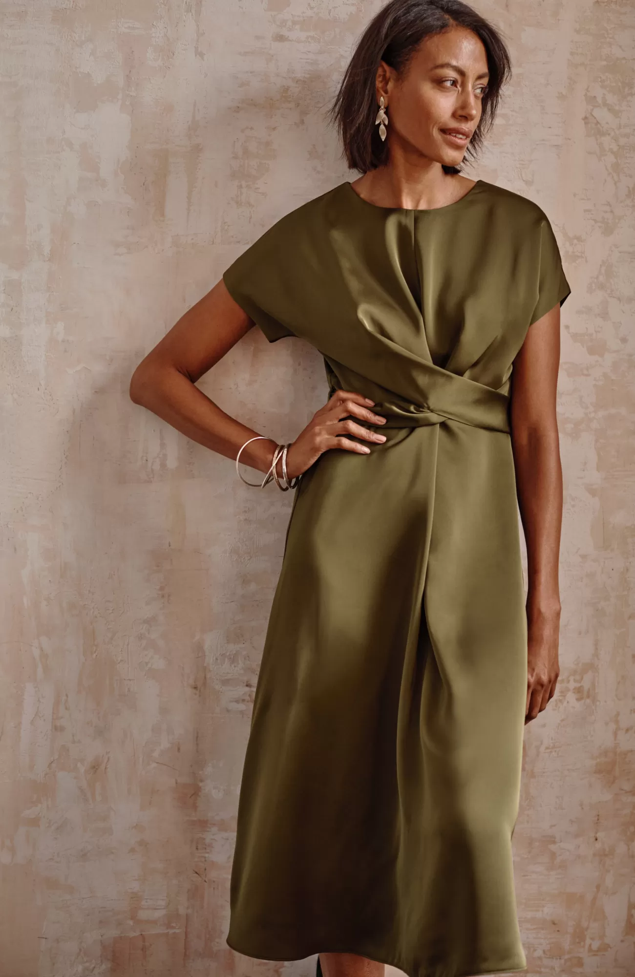 J.Jill Wearever Satin Wrap-Waist Dress Spanish Olive Outlet