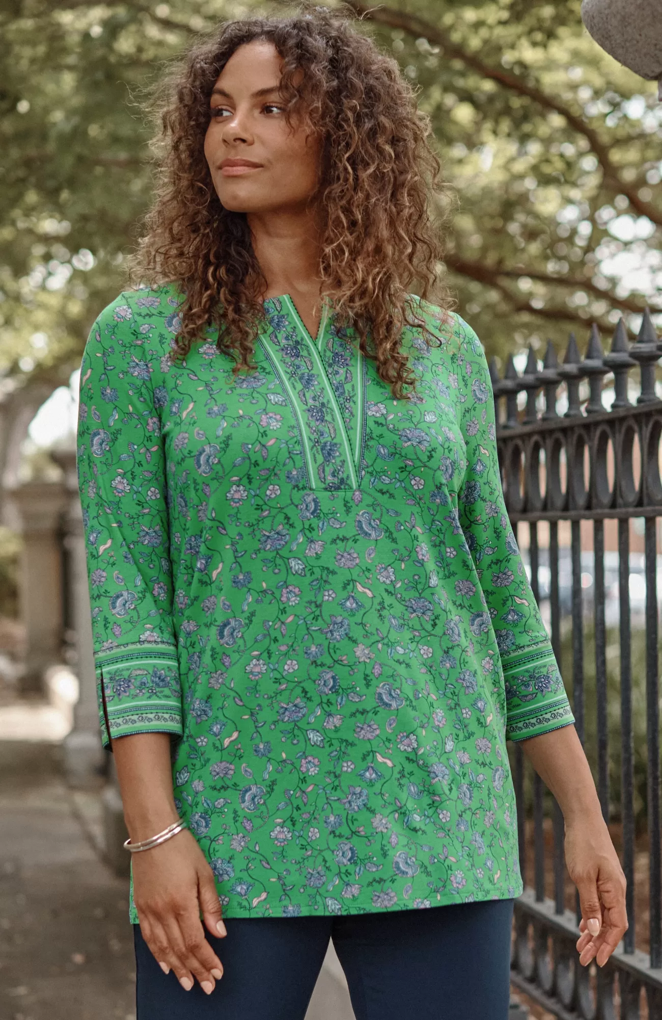 J.Jill Wearever Split-Neck Tunic Leaf Green Climbing Jacobean New