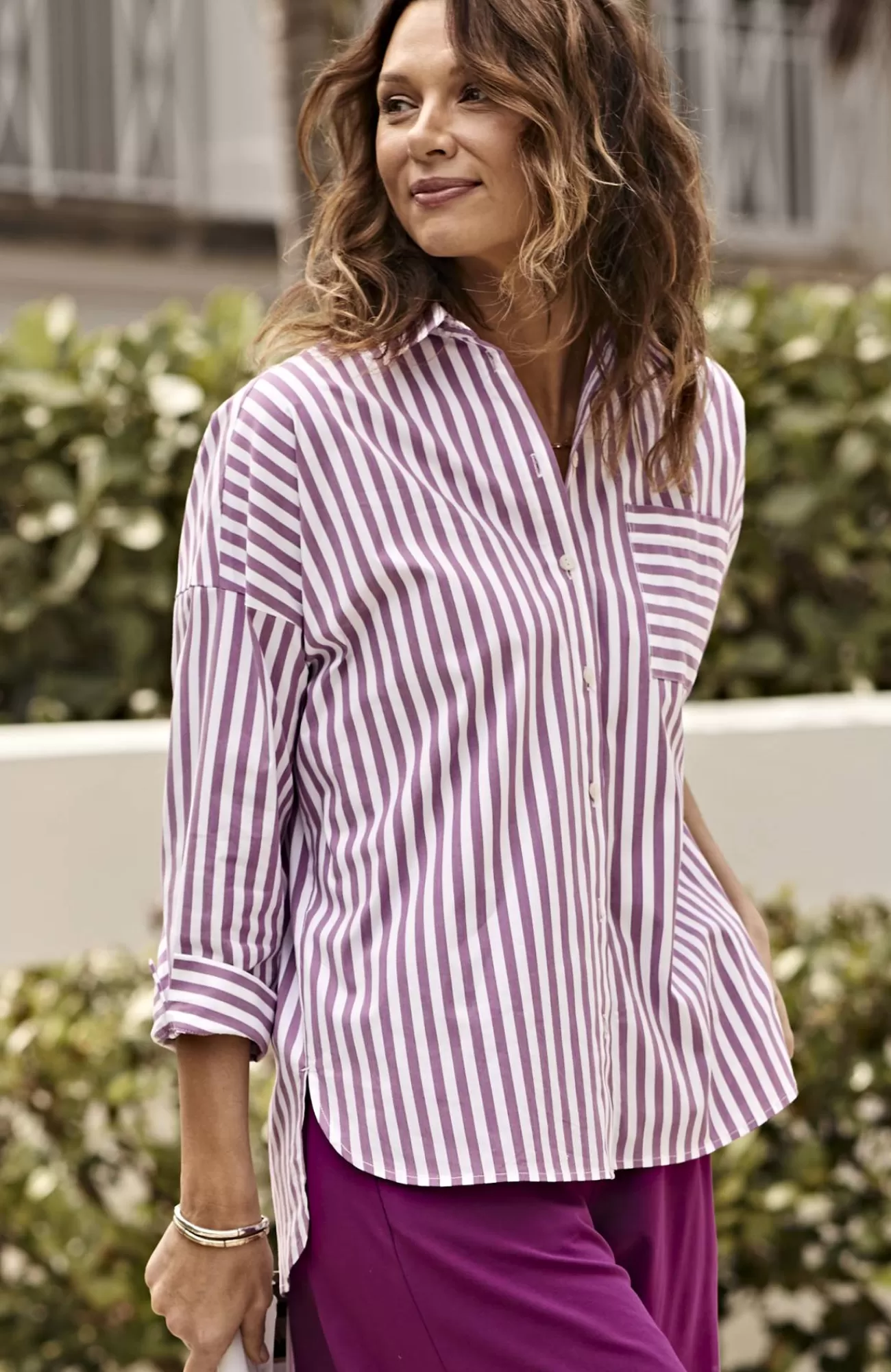 J.Jill Wearever Stepped-Hem Button-Front Shirt Mulberry/white Best Sale